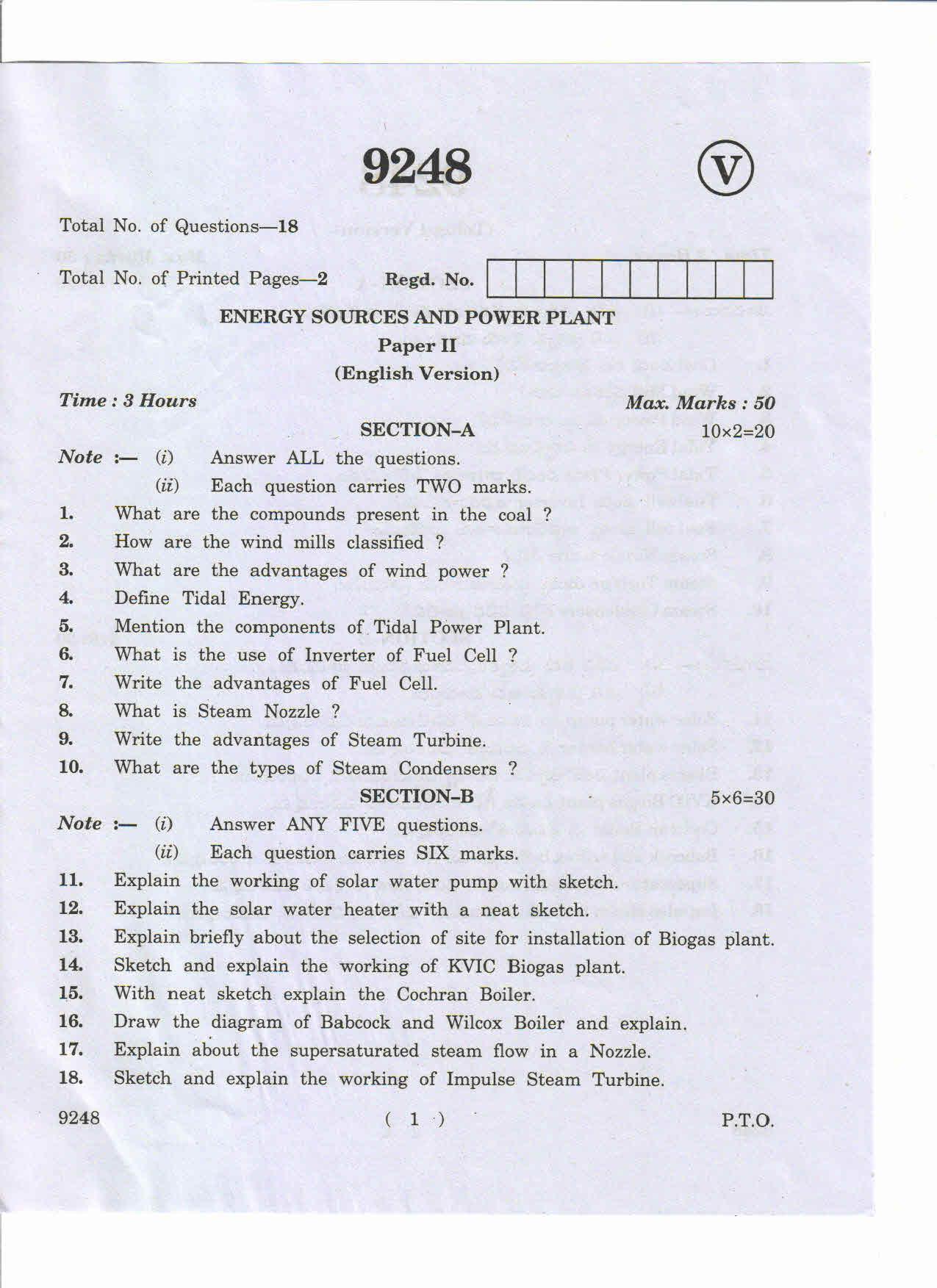 AP Inter 2nd Year Energy Sources and Power Plant-II May-2019-Vocational Question Paper - Page 1