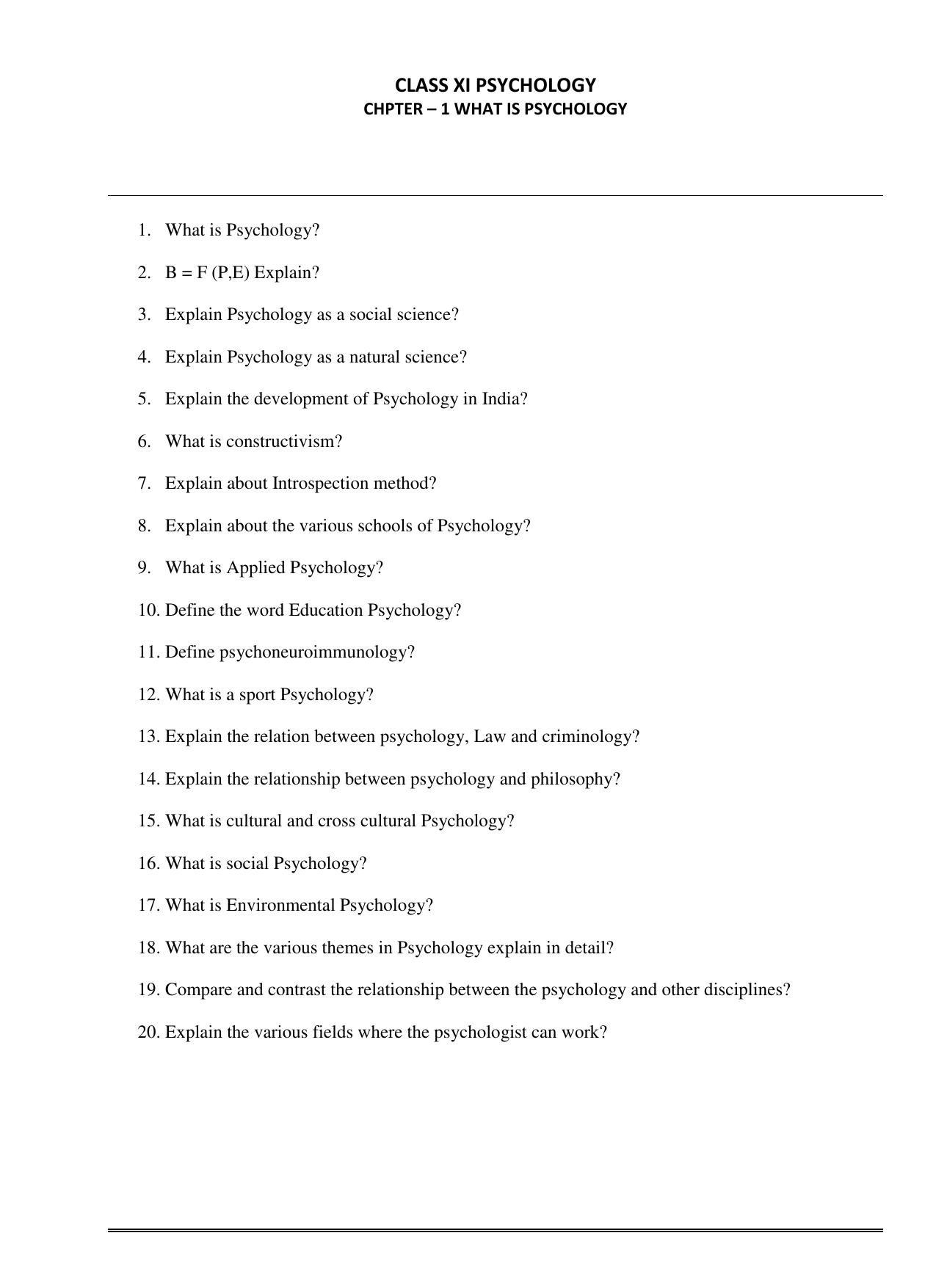CBSE Worksheets for Class 11 Psychology What is Psychology Assignment 1 - Page 1