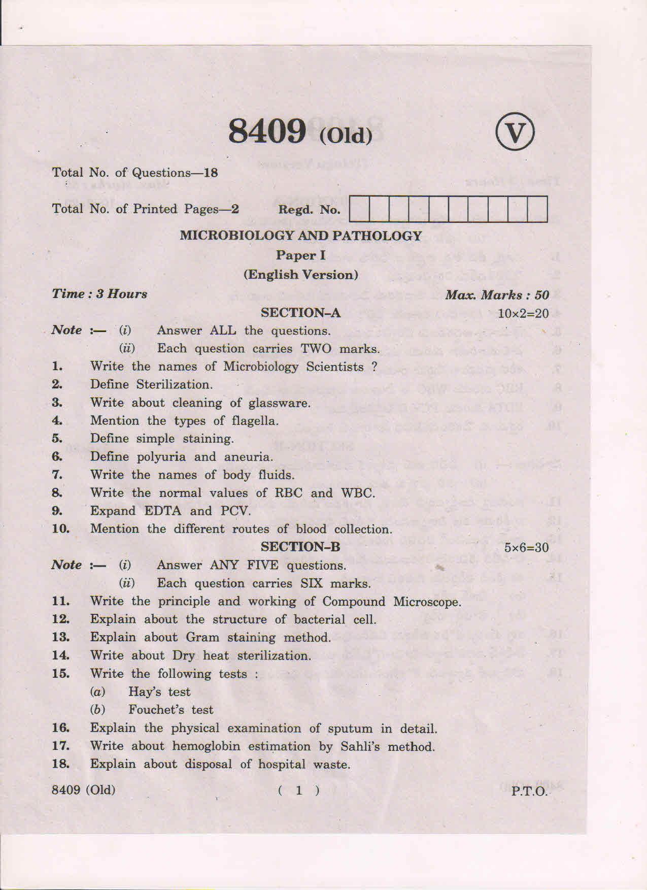 AP Inter 1st Year Microbiology and Pathology-I (Old) March-2019-Vocational Question Paper - Page 1