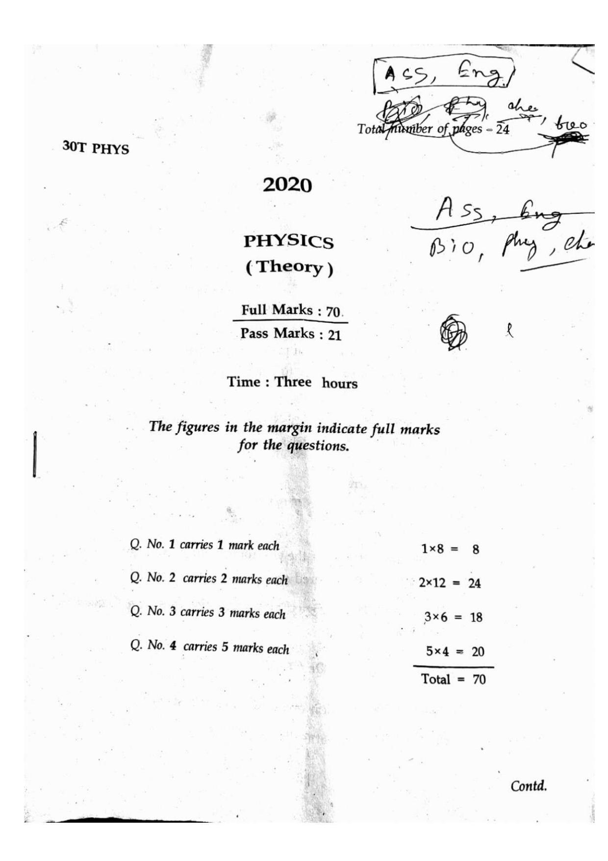 Assam HS 2nd Year Physics 2020 Question Paper - Page 1