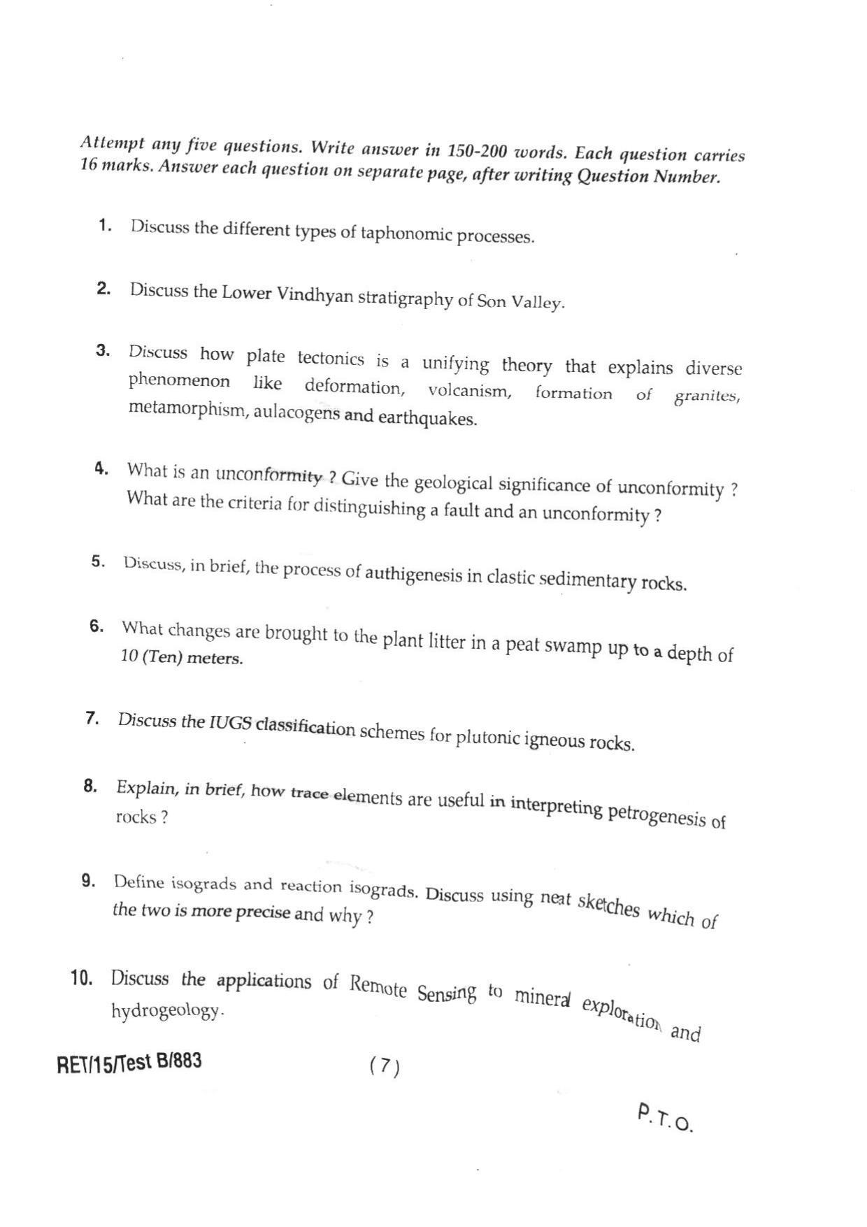 BHU RET GEOLOGY 2015 Question Paper - Page 9