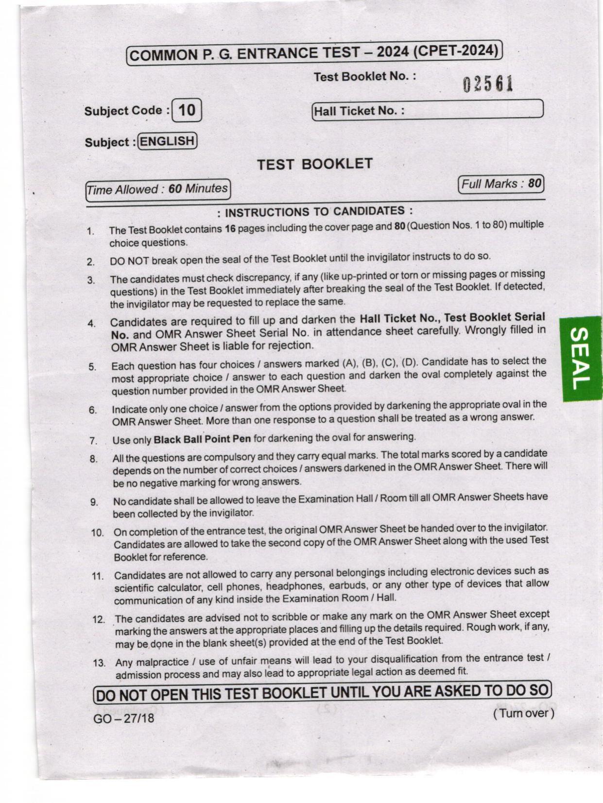 Odisha CPET 2024 ENGLISH Question Paper - Page 1