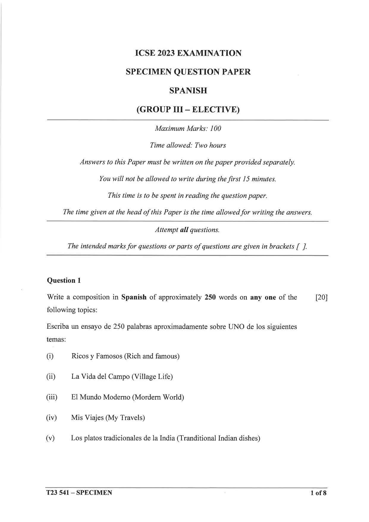 ICSE Class 10 Spanish (Group 3) Sample Paper 2023 - Page 1
