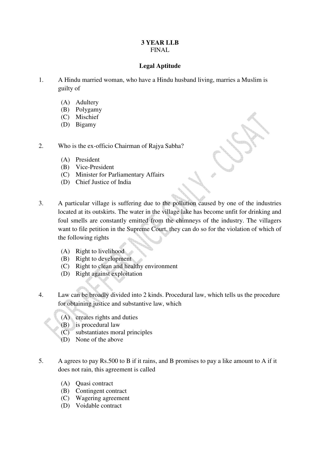CUSAT CAT 2023 3 YEAR LLB Question Paper - Page 1