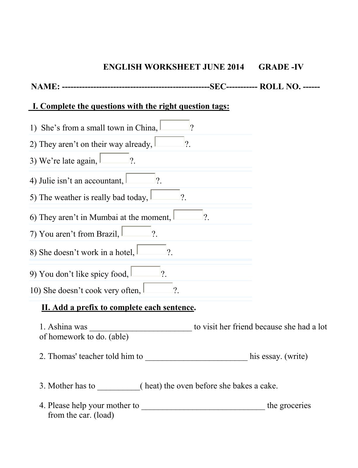 Worksheet for Class 4 English Assignment 63 - Page 1