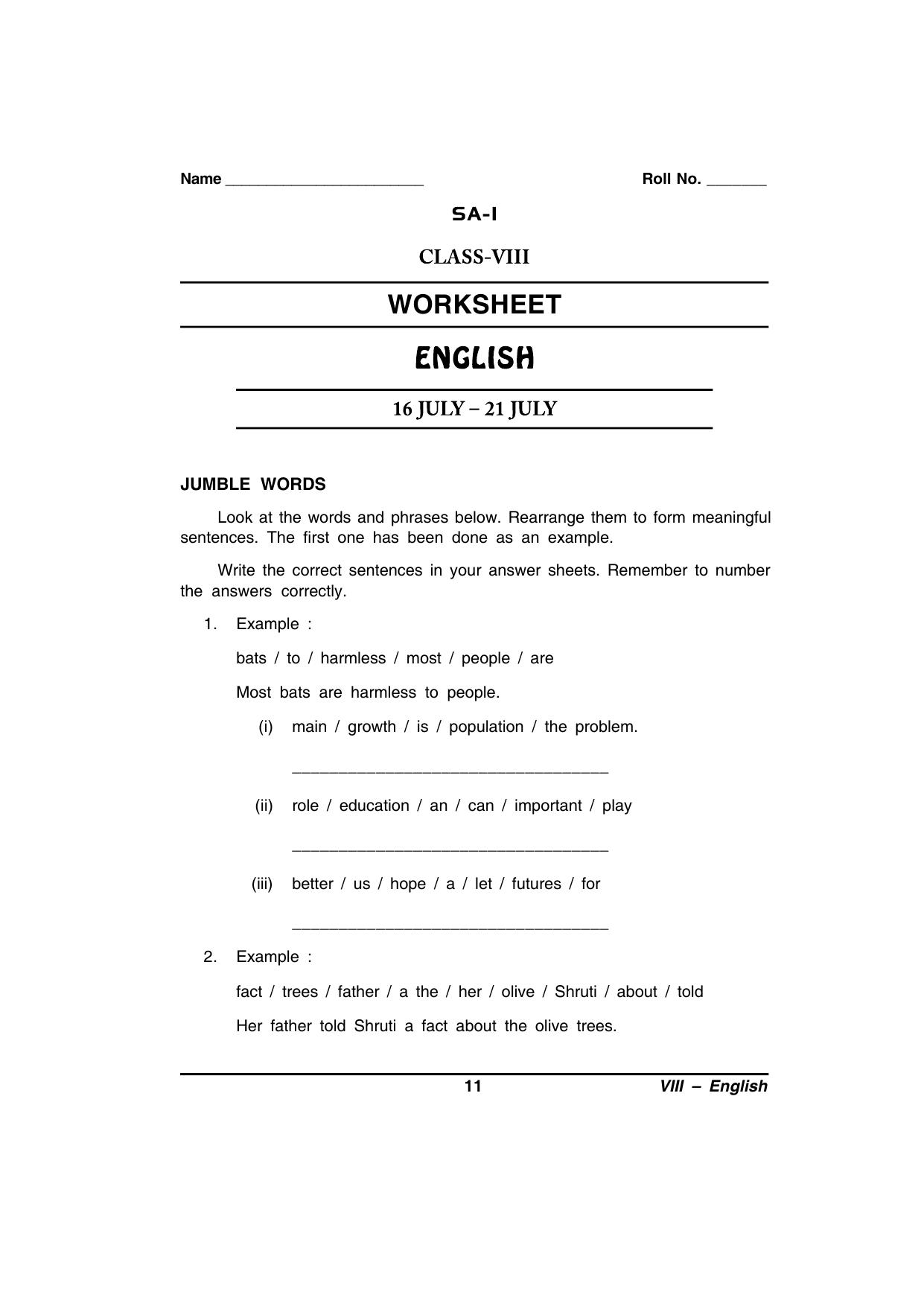CBSE Worksheets for Class 8 English Assignment 73 - Page 1