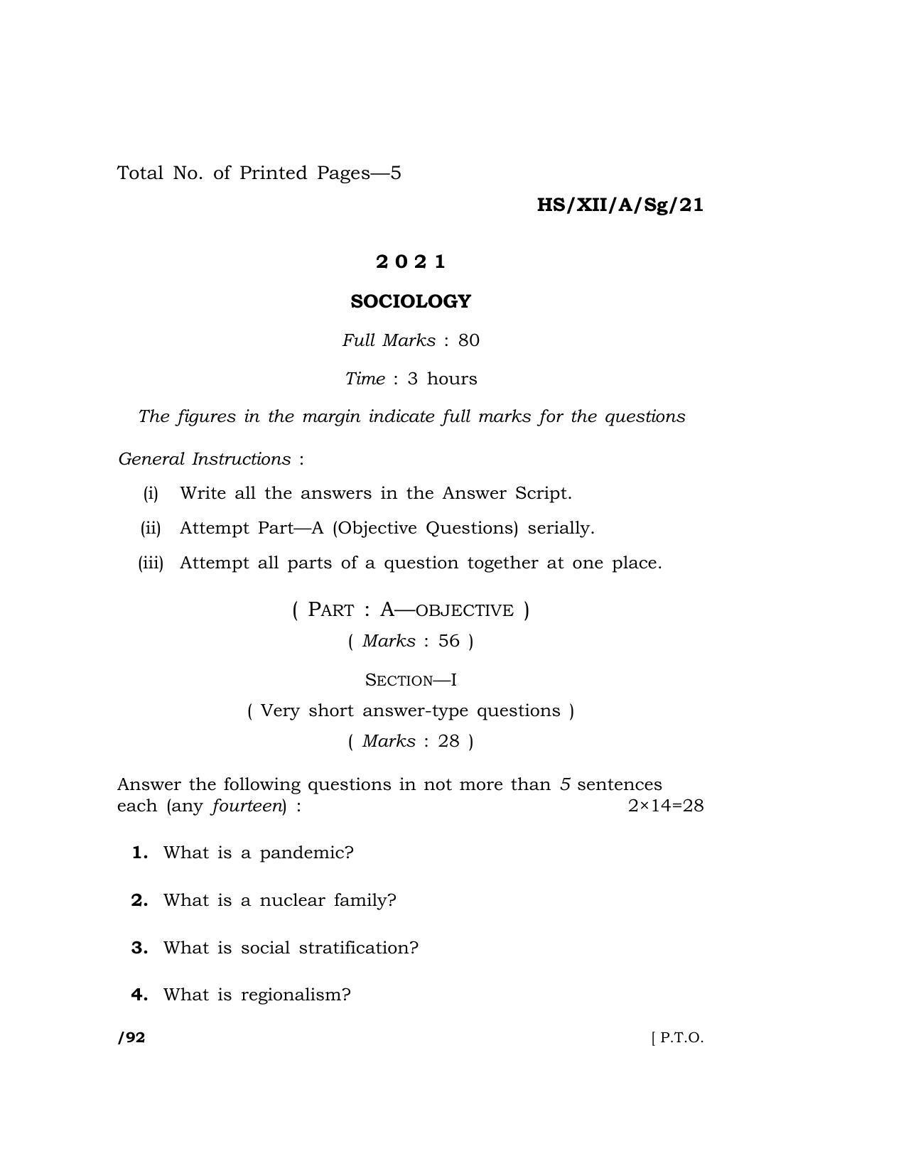 Meghalaya Board (MBOSE) Class 12 SOCIOLOGY (HSXIIASg21) 2021