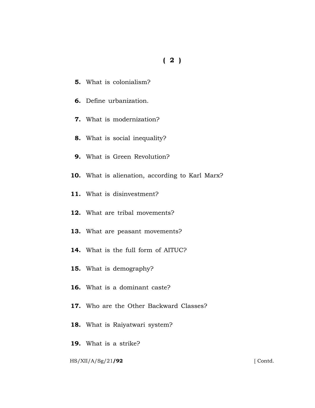 Meghalaya Board (MBOSE) Class 12 SOCIOLOGY  (HS-XII-A-Sg-21) 2021 Question Paper - Page 2