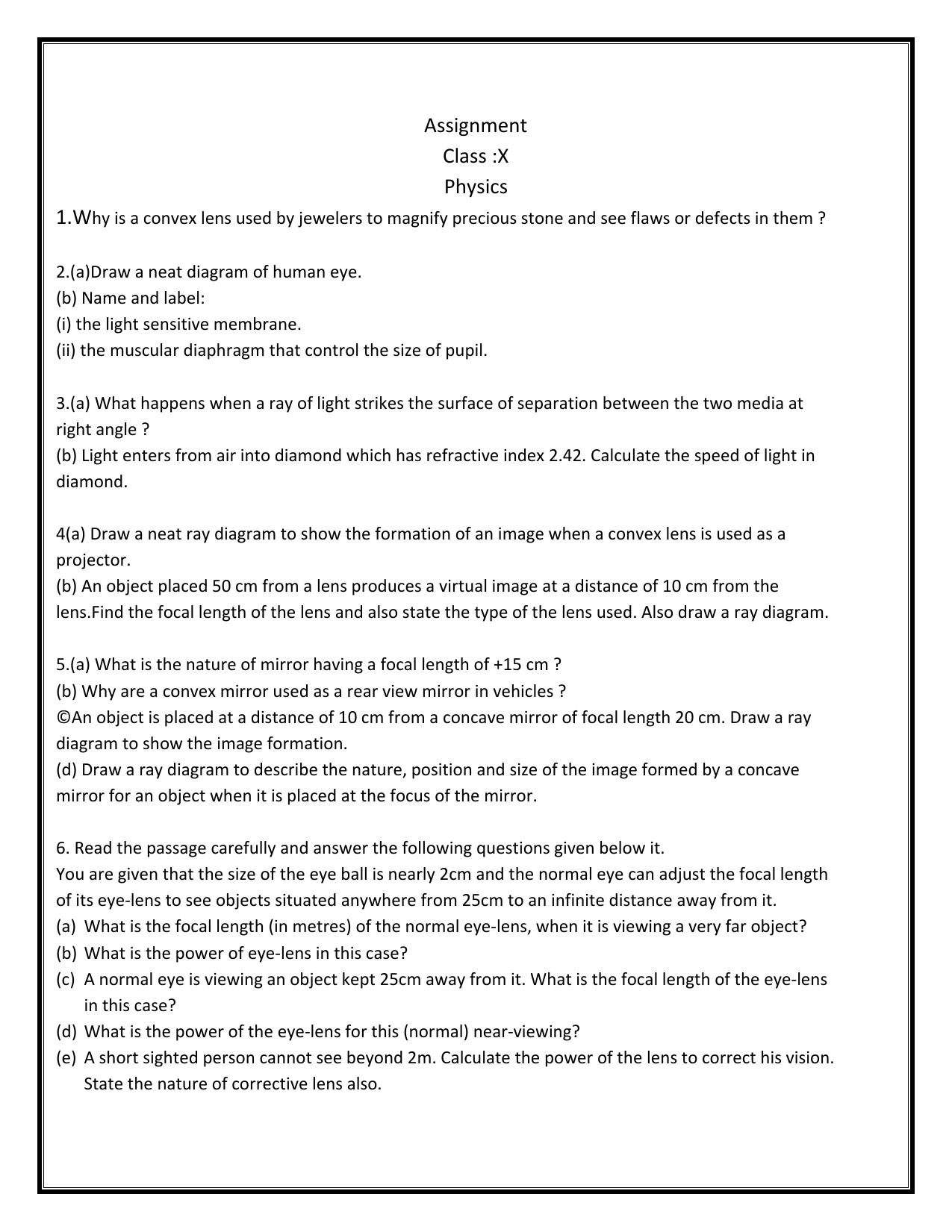 CBSE Worksheets for Class 10 Physics Assignment 6 - Page 1