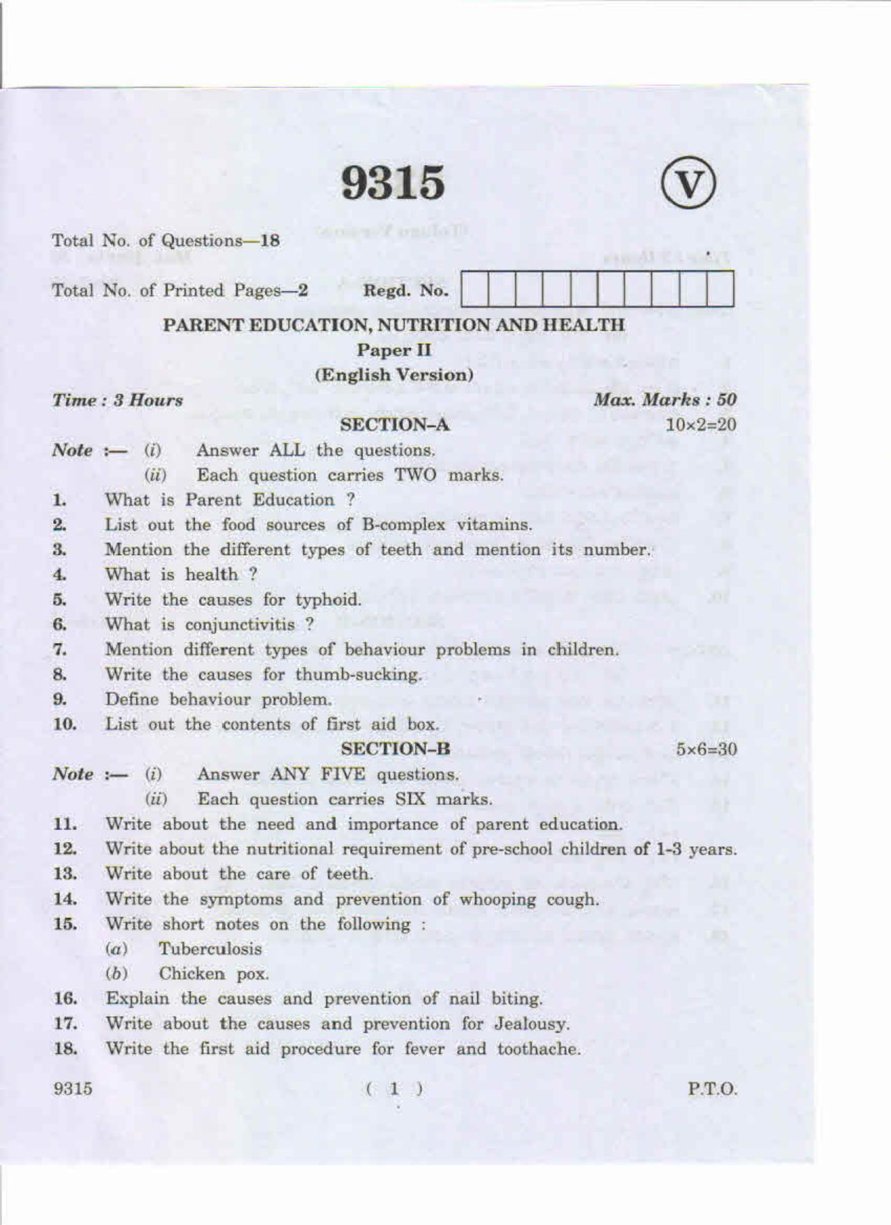 AP Inter 2nd Year Parent Education, Nutrition and Health-II May-2019-Vocational Question Paper - Page 1