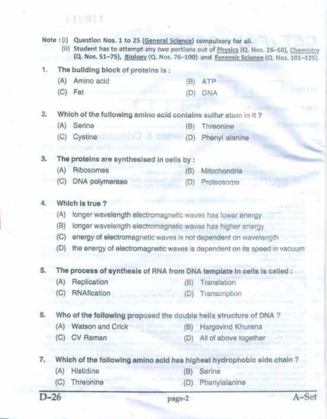 PU CET(PG) 2017: M.Sc. Forensic Science & Criminology SET A Question Paper - Page 2