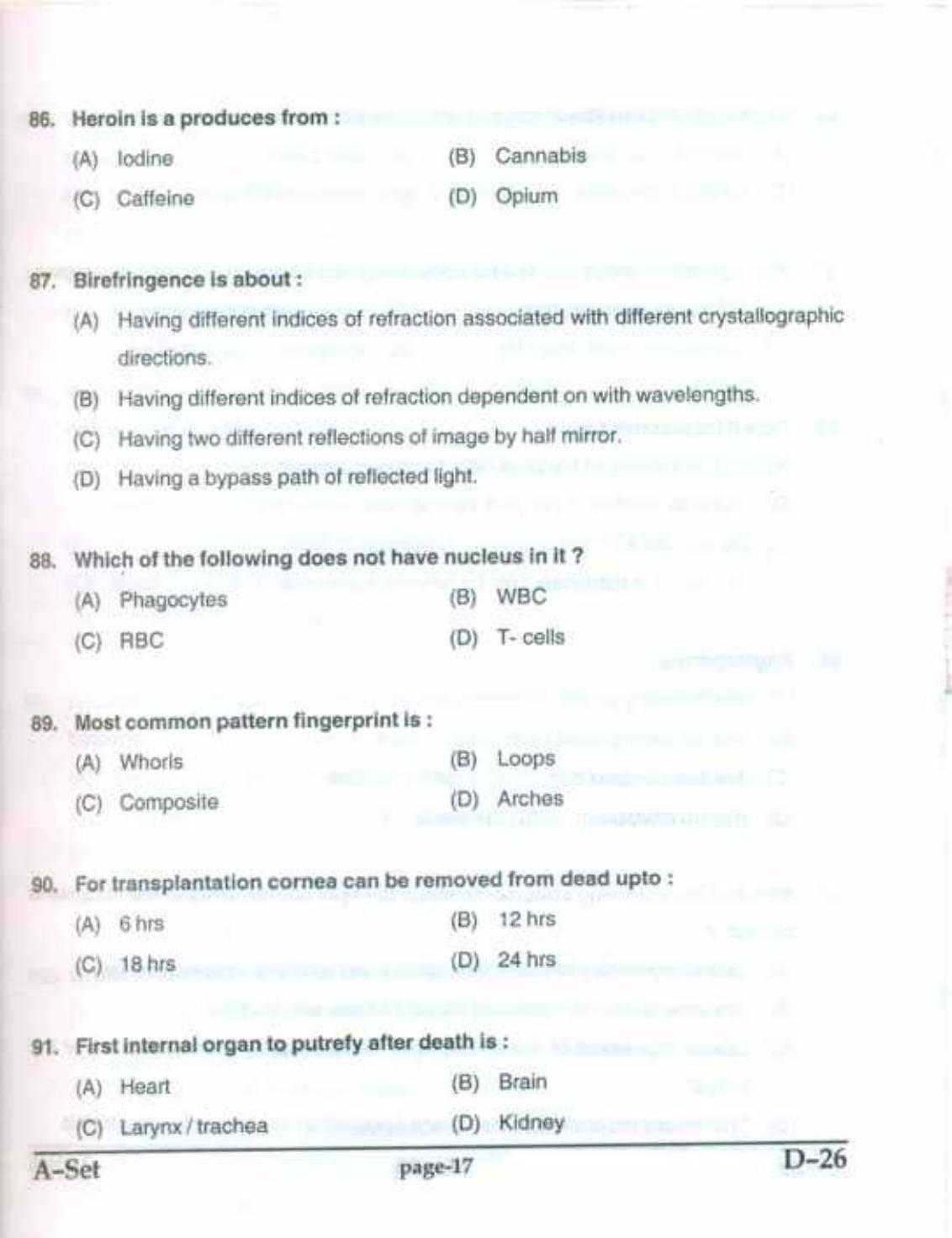 PU CET(PG) 2017: M.Sc. Forensic Science & Criminology SET A Question Paper - Page 17