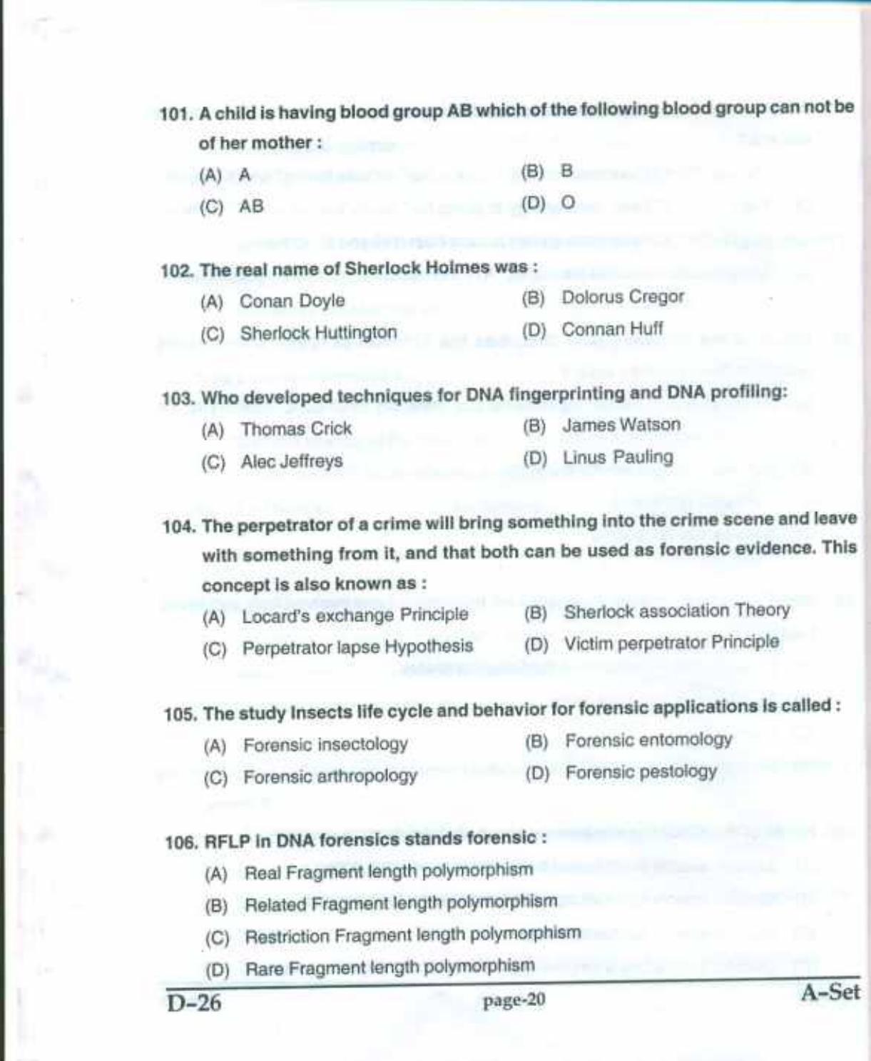 PU CET(PG) 2017: M.Sc. Forensic Science & Criminology SET A Question Paper - Page 20