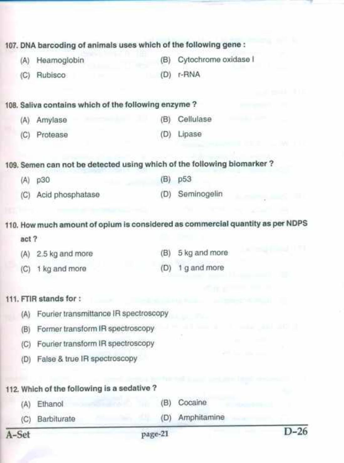 PU CET(PG) 2017: M.Sc. Forensic Science & Criminology SET A Question Paper - Page 21