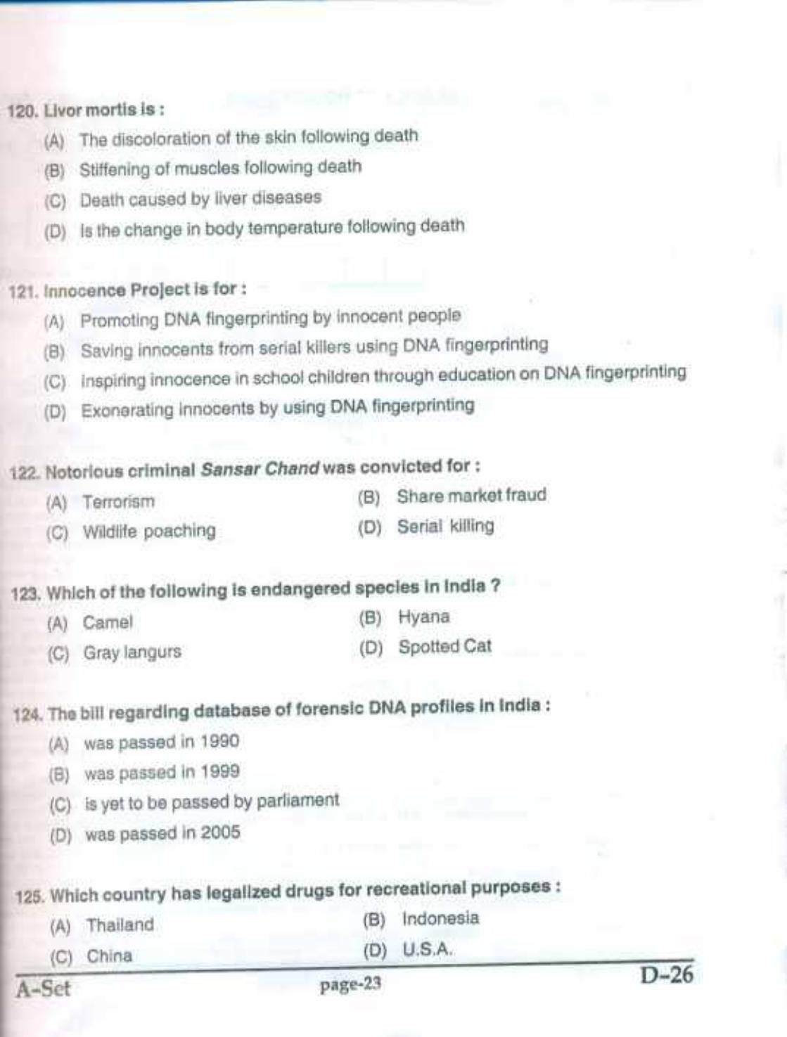PU CET(PG) 2017: M.Sc. Forensic Science & Criminology SET A Question Paper - Page 23