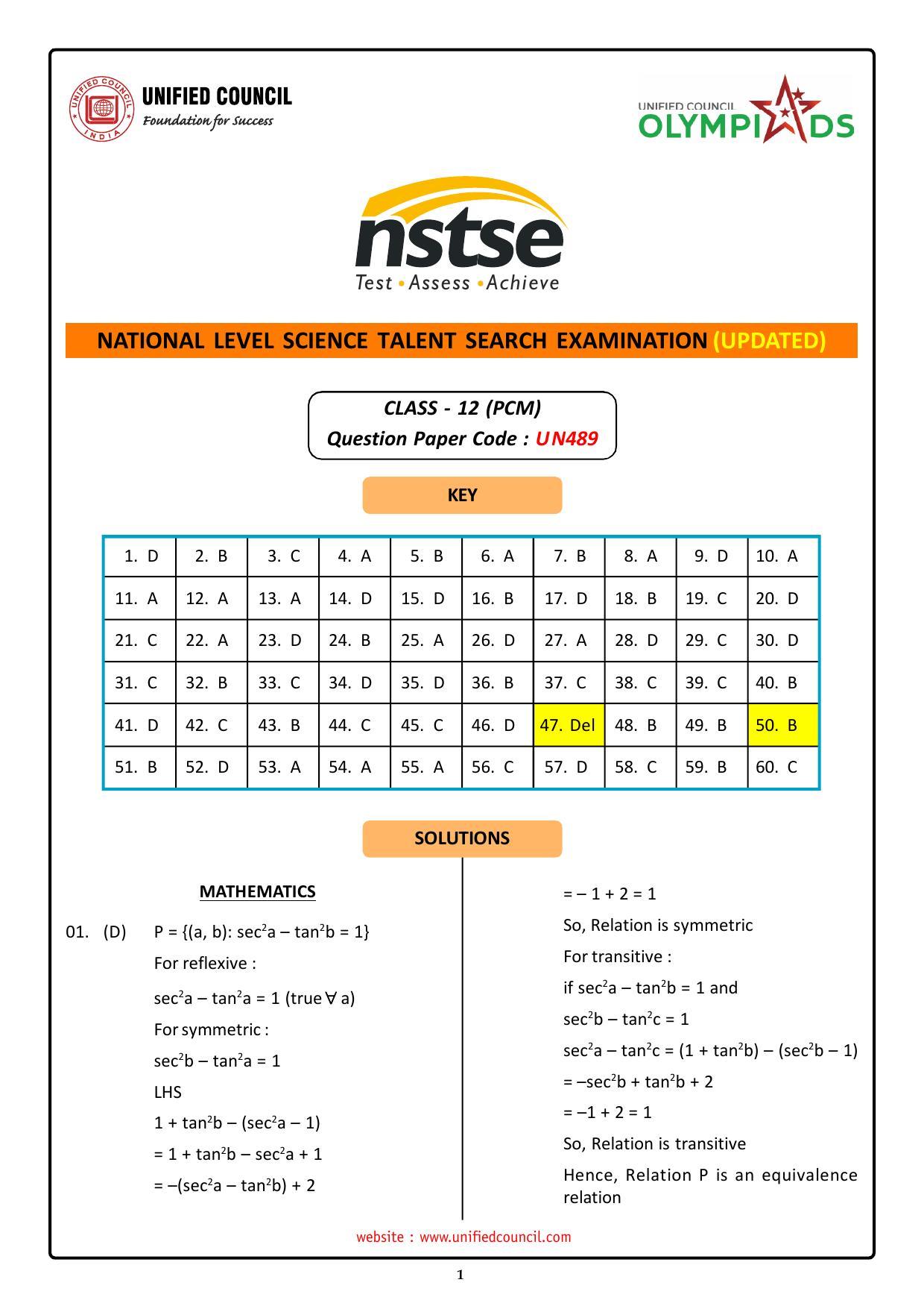 NSTSE 2023 Class 12 PCM Answer Key (Paper Code 489) - Page 1