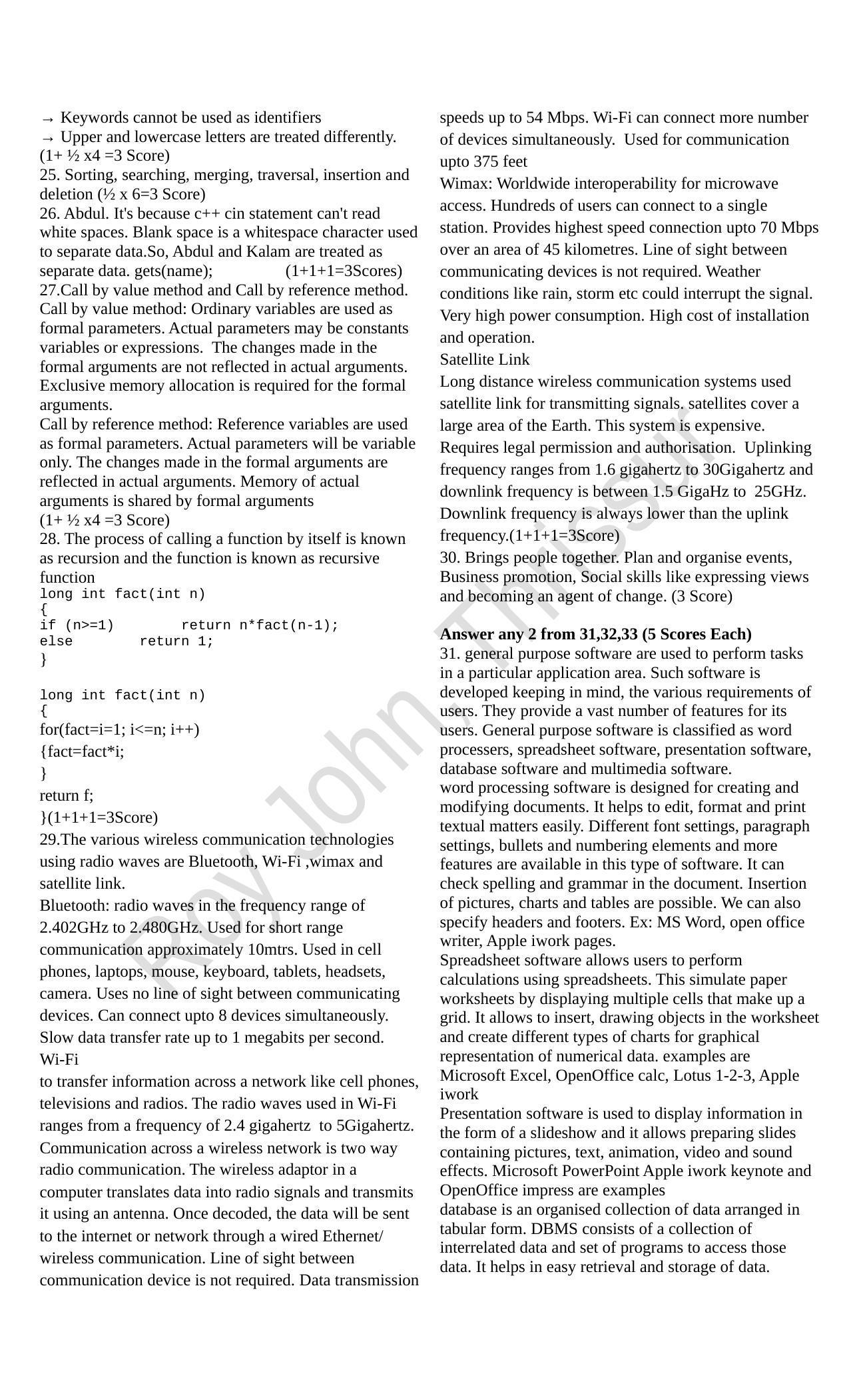 Kerala Plus One 2020 Computer Science Answer Key (Model) - Page 2