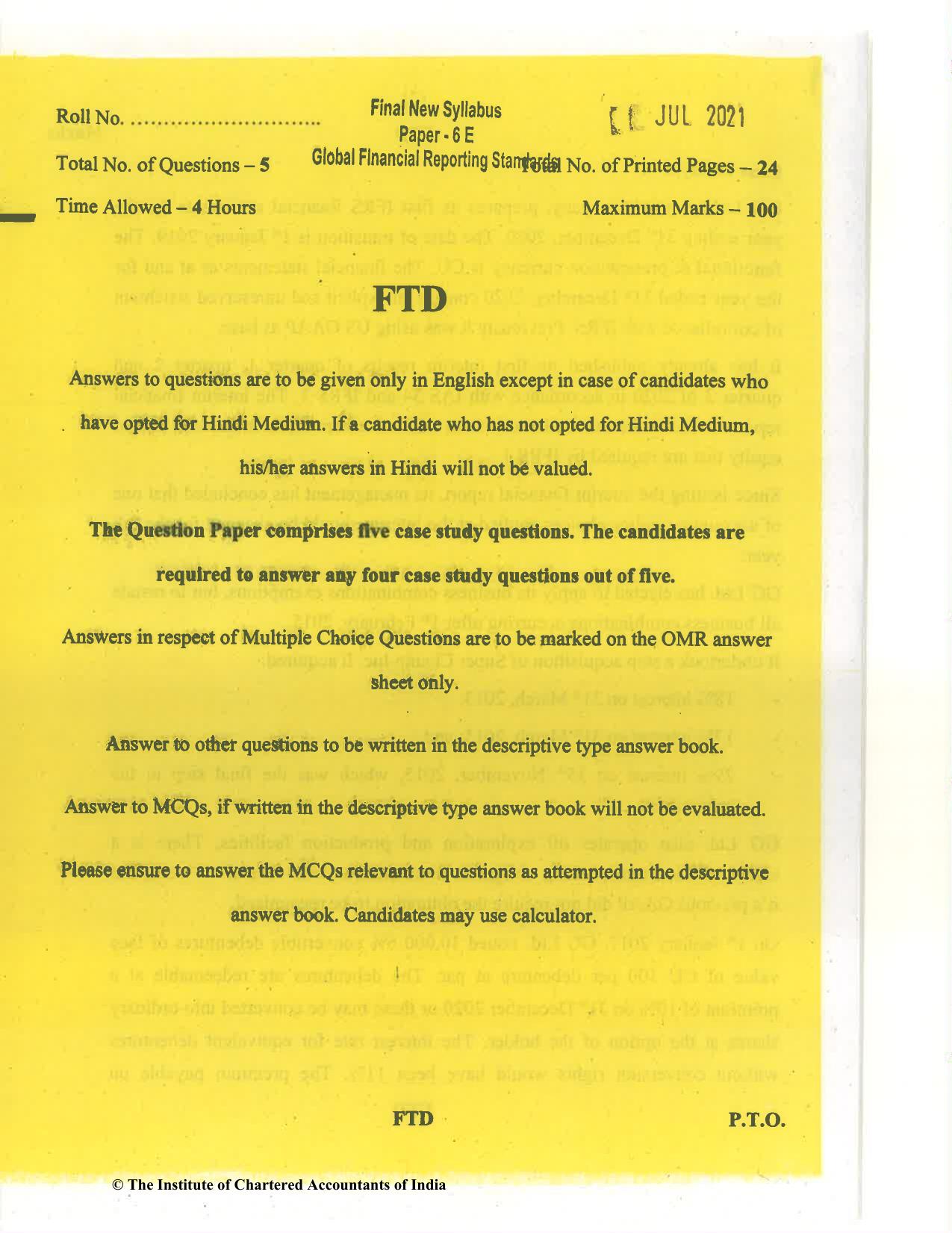 CA Final Jul 2021 Question Paper - Paper 6E – Global Financial Reporting Standards - Page 1