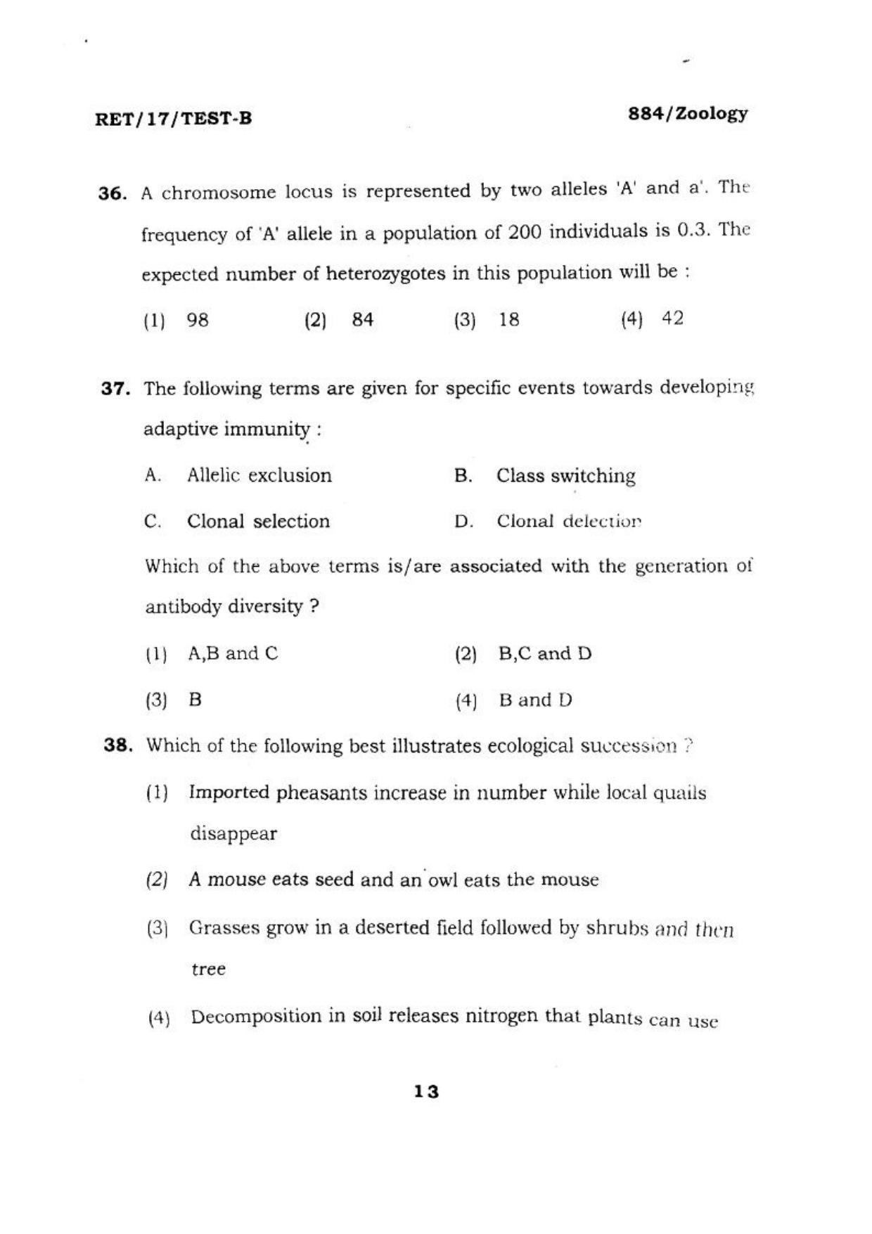 BHU RET ZOOLOGY 2017 Question Paper - Page 14