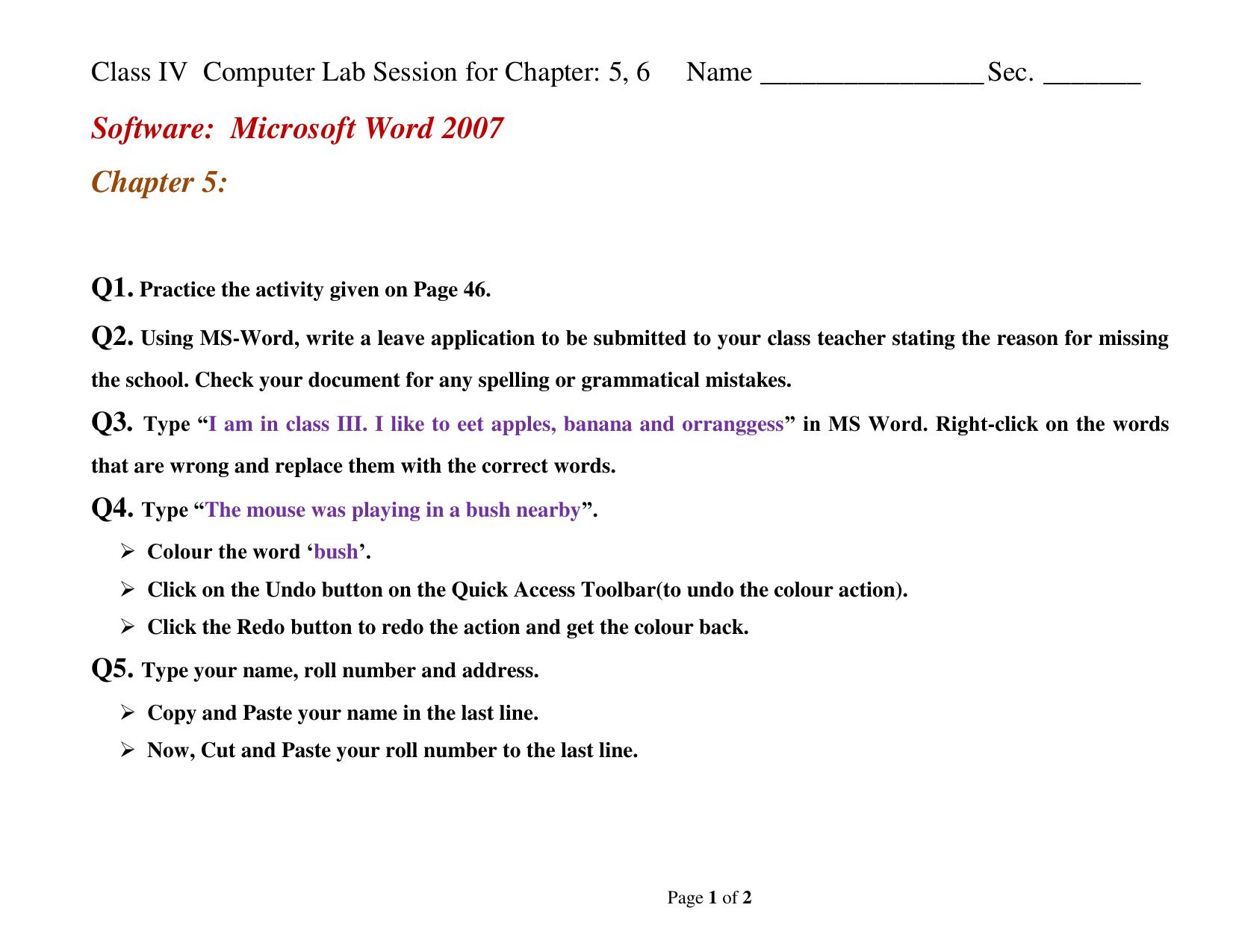 Worksheet for Class 4 Computers Assignment 8 Microsoft Word - Page 1