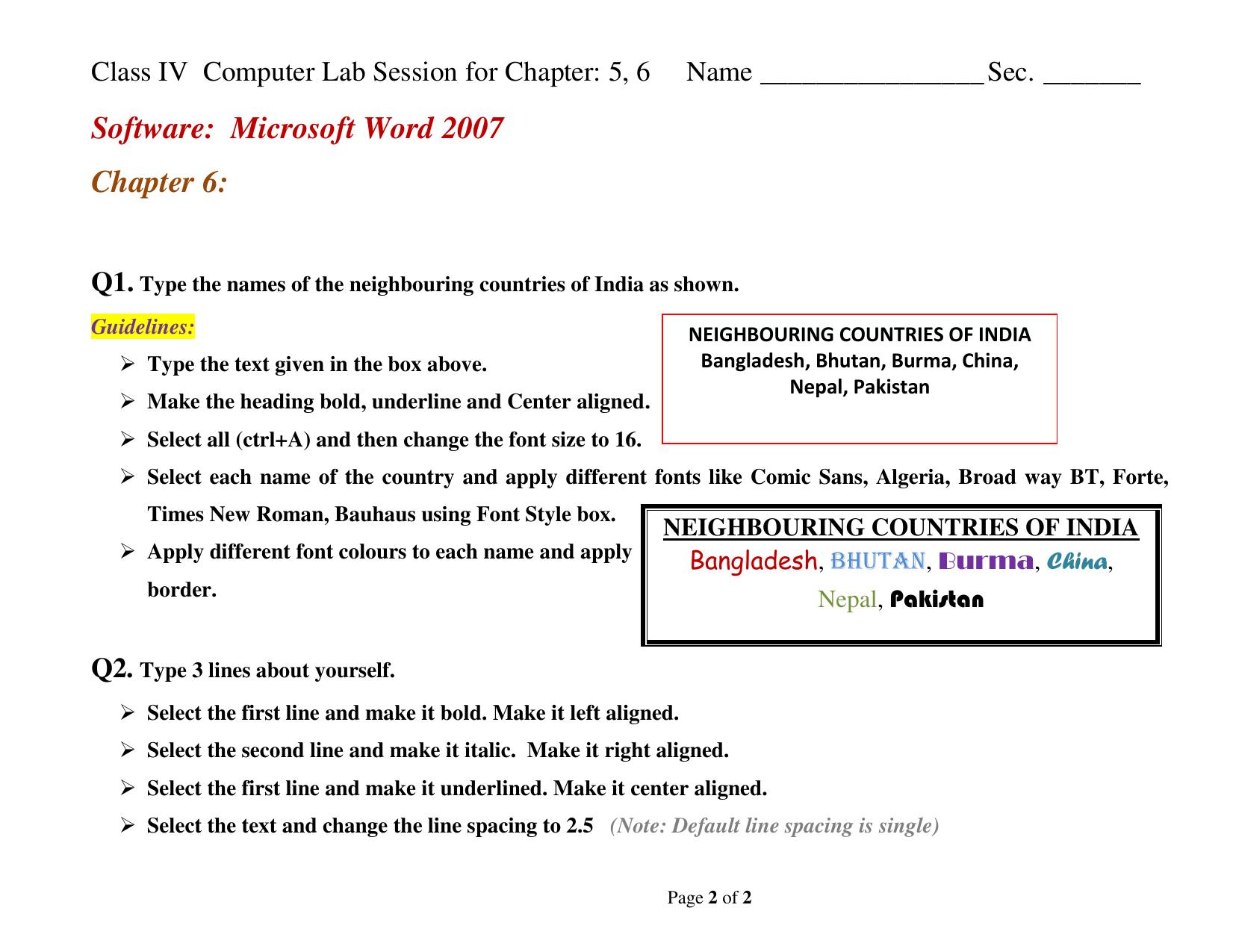 Worksheet for Class 4 Computers Assignment 8 Microsoft Word - Page 2