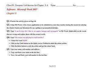Worksheet for Class 4 Computers Assignment 8 Microsoft Word