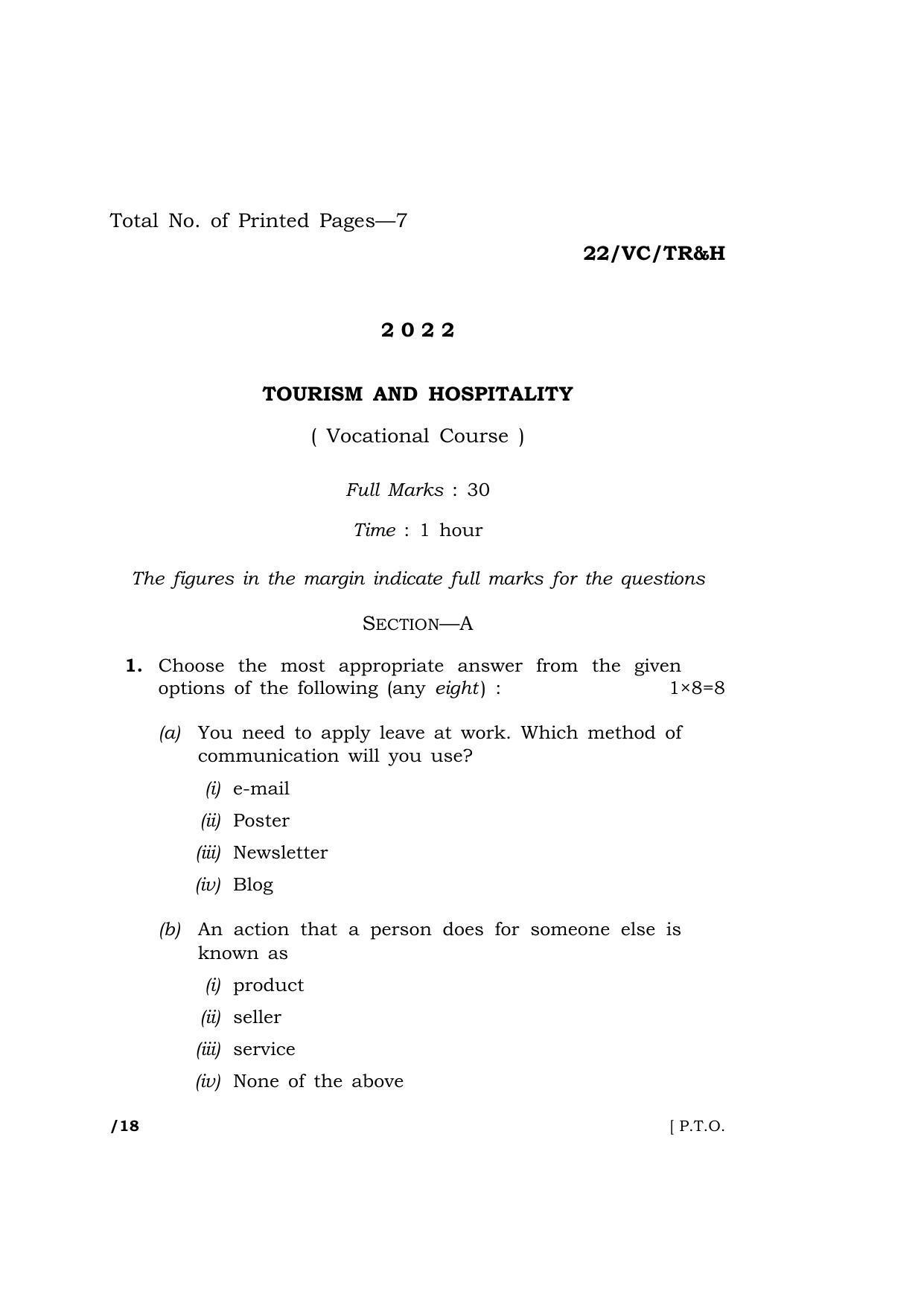 Meghalaya Board (MBOSE) Class 10 TOURISM AND HOSPITALITY  (22-VC-TR&H) 2022 Question Paper - Page 1
