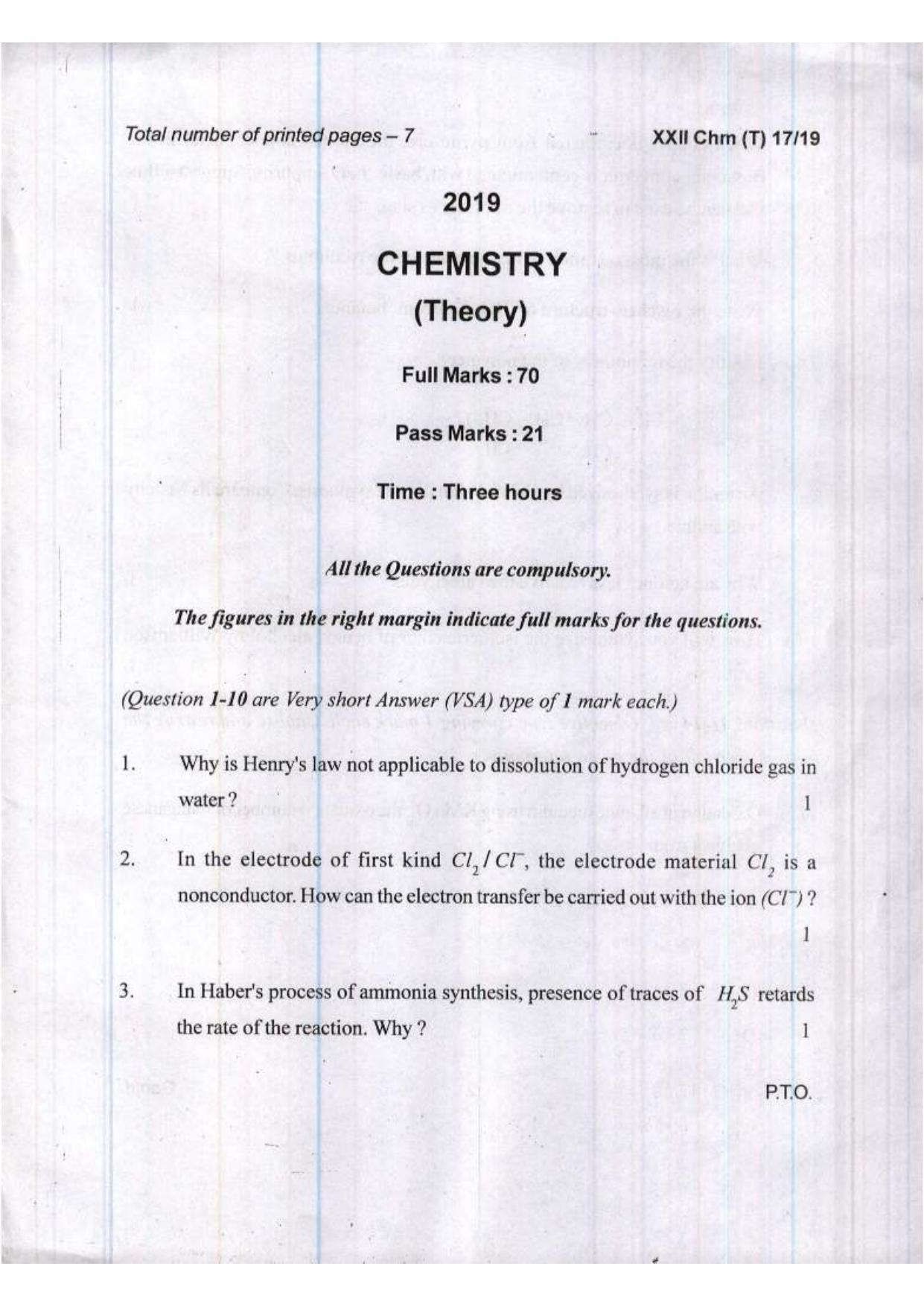 COHSEM Class 12 Chemistry 2019 Question Papers - Page 1