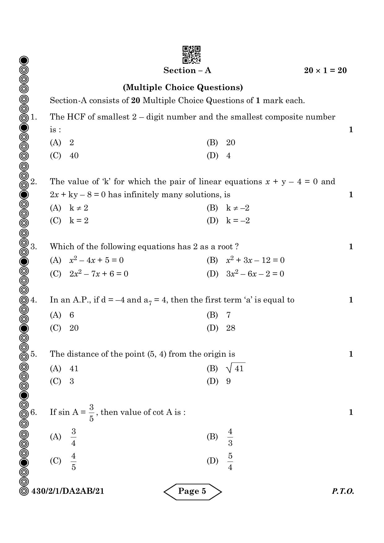 CBSE Class 10 430-2-1 Mathematics Basic 2024 Question Paper - Page 5