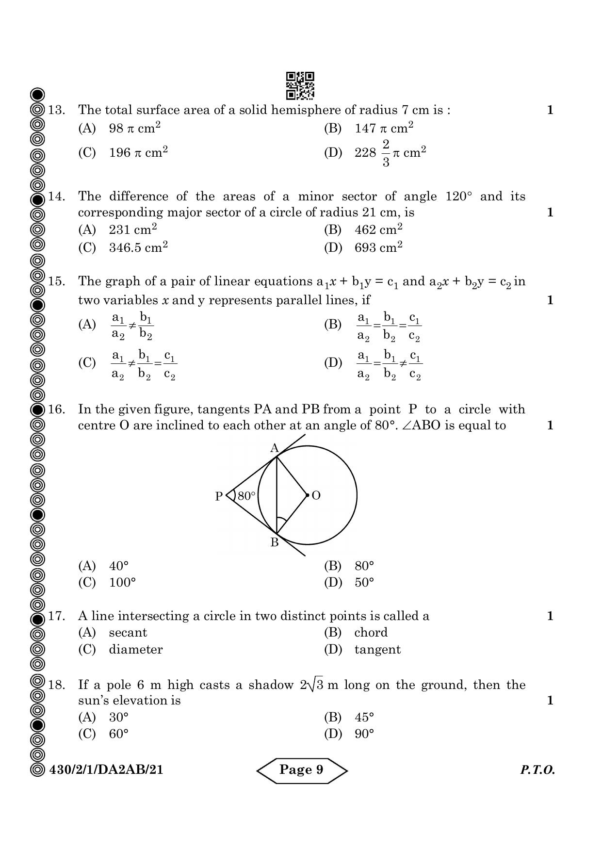 CBSE Class 10 430-2-1 Mathematics Basic 2024 Question Paper - Page 9