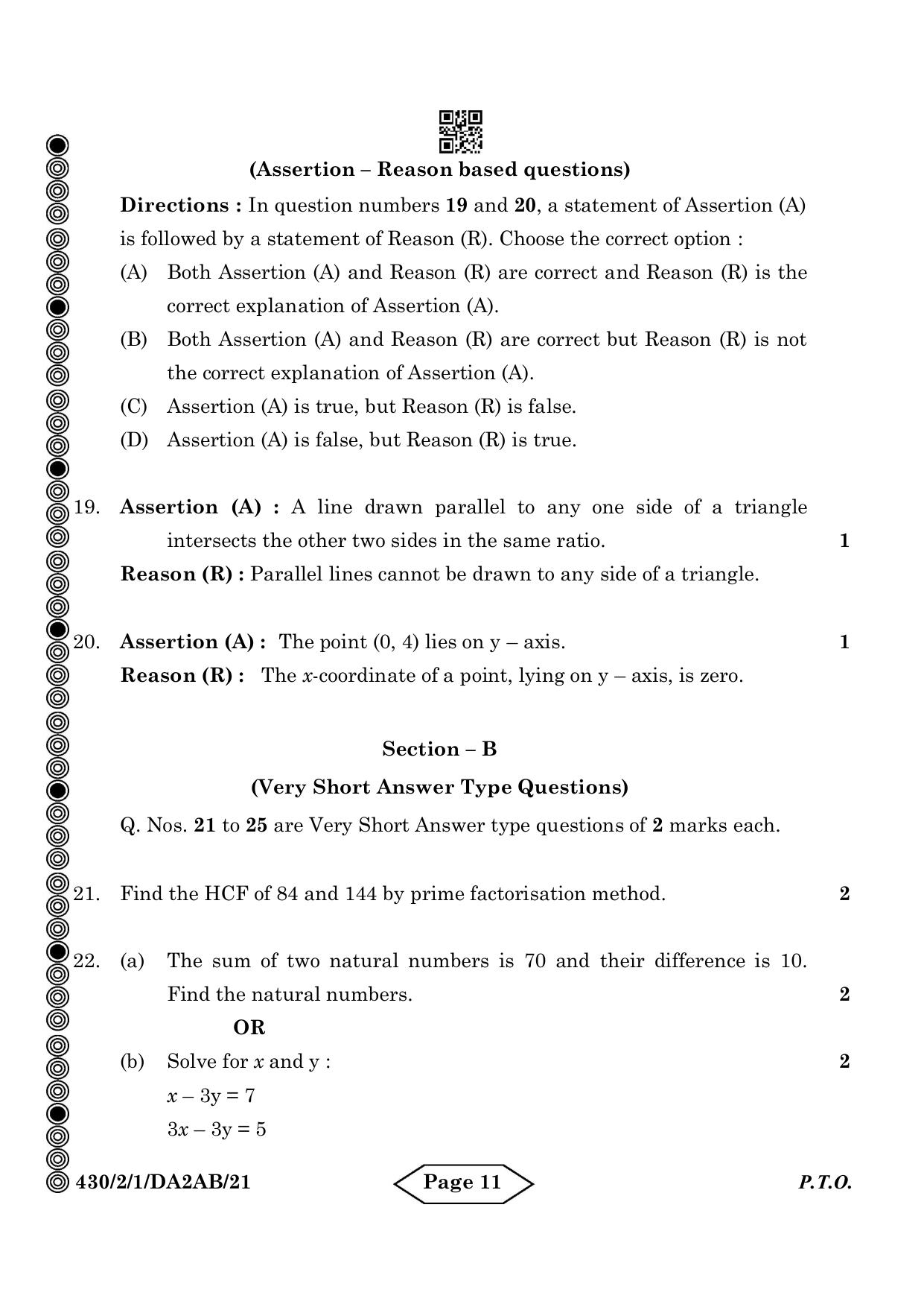 CBSE Class 10 430-2-1 Mathematics Basic 2024 Question Paper - Page 11
