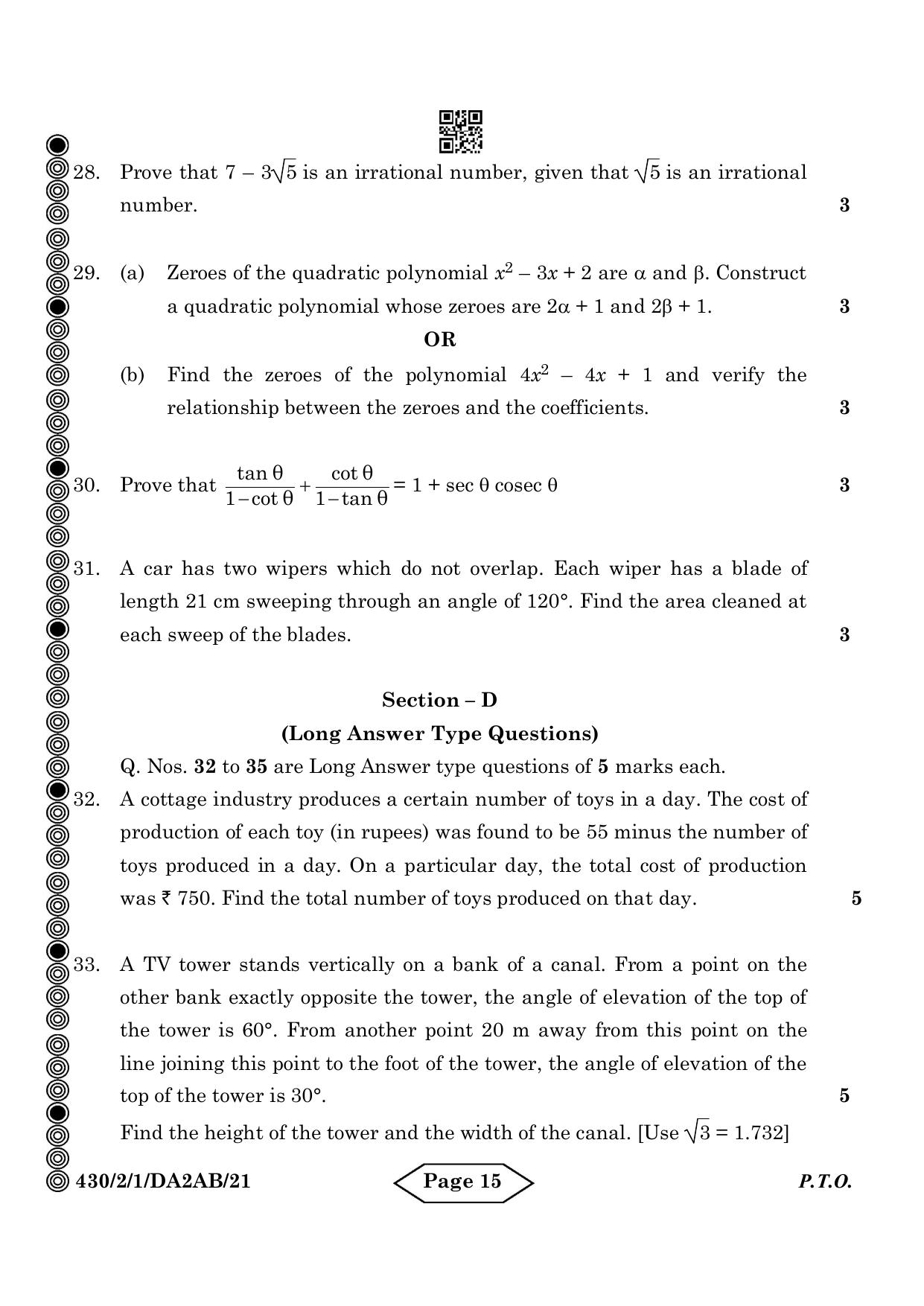 CBSE Class 10 430-2-1 Mathematics Basic 2024 Question Paper - Page 15
