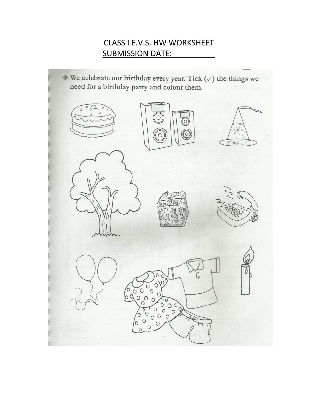 Worksheet for Class 1 EVS Birthday Party Assignment - Page 1