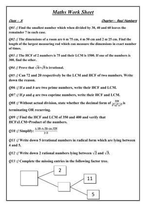 CBSE Worksheets for Class 10 Maths Real Numbers Assignment 1