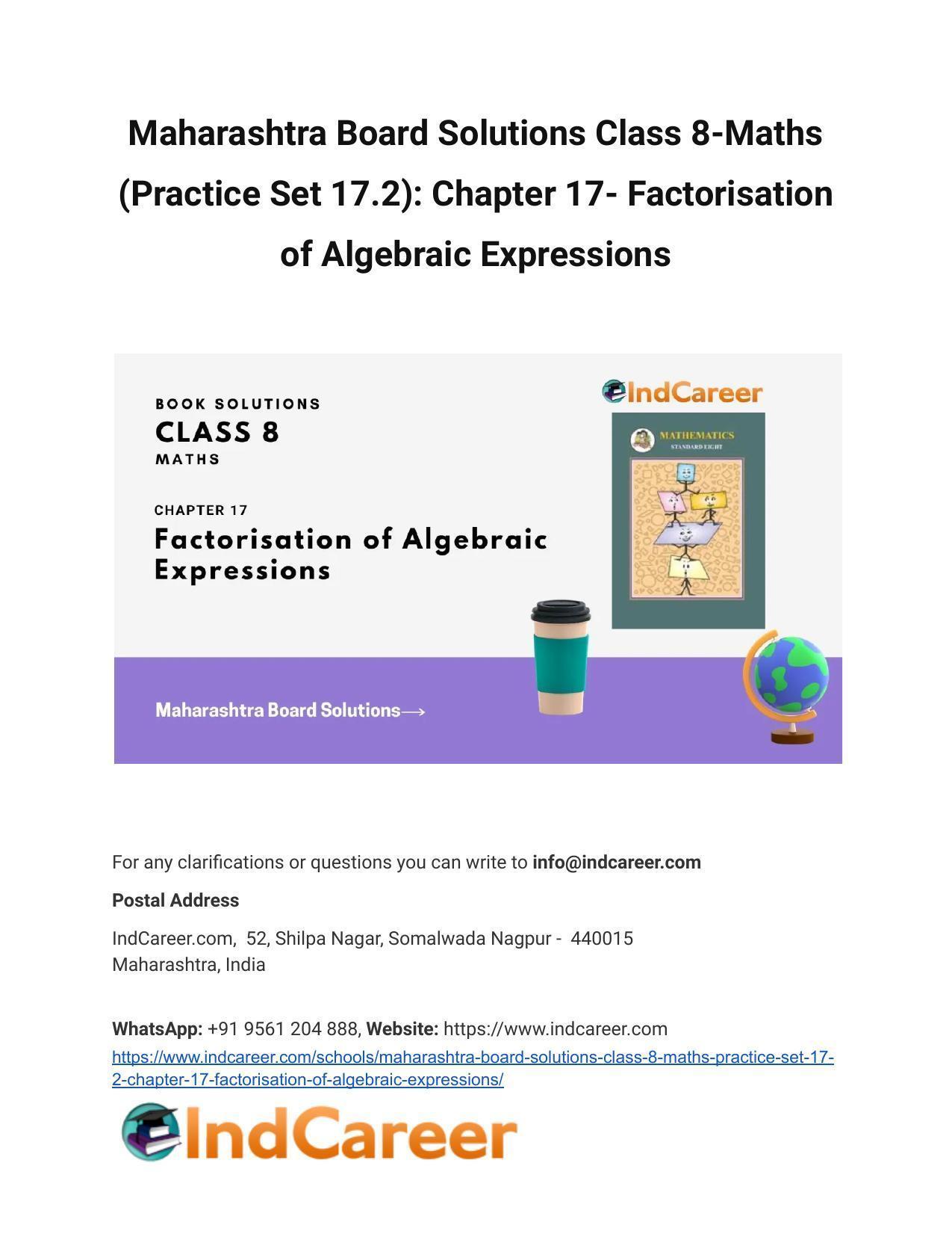Maharashtra Board Solutions Class 8-Maths (Practice Set 17.2): Chapter 17- Factorisation of Algebraic Expressions - Page 1