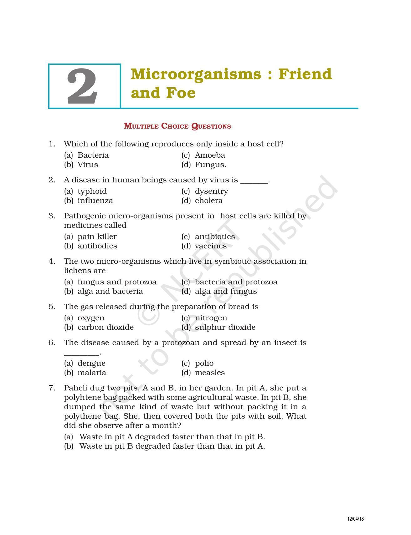 NCERT Exemplar Book for Class 8 Science: Chapter 2- Microorganisms : Friend and Foe - Page 1