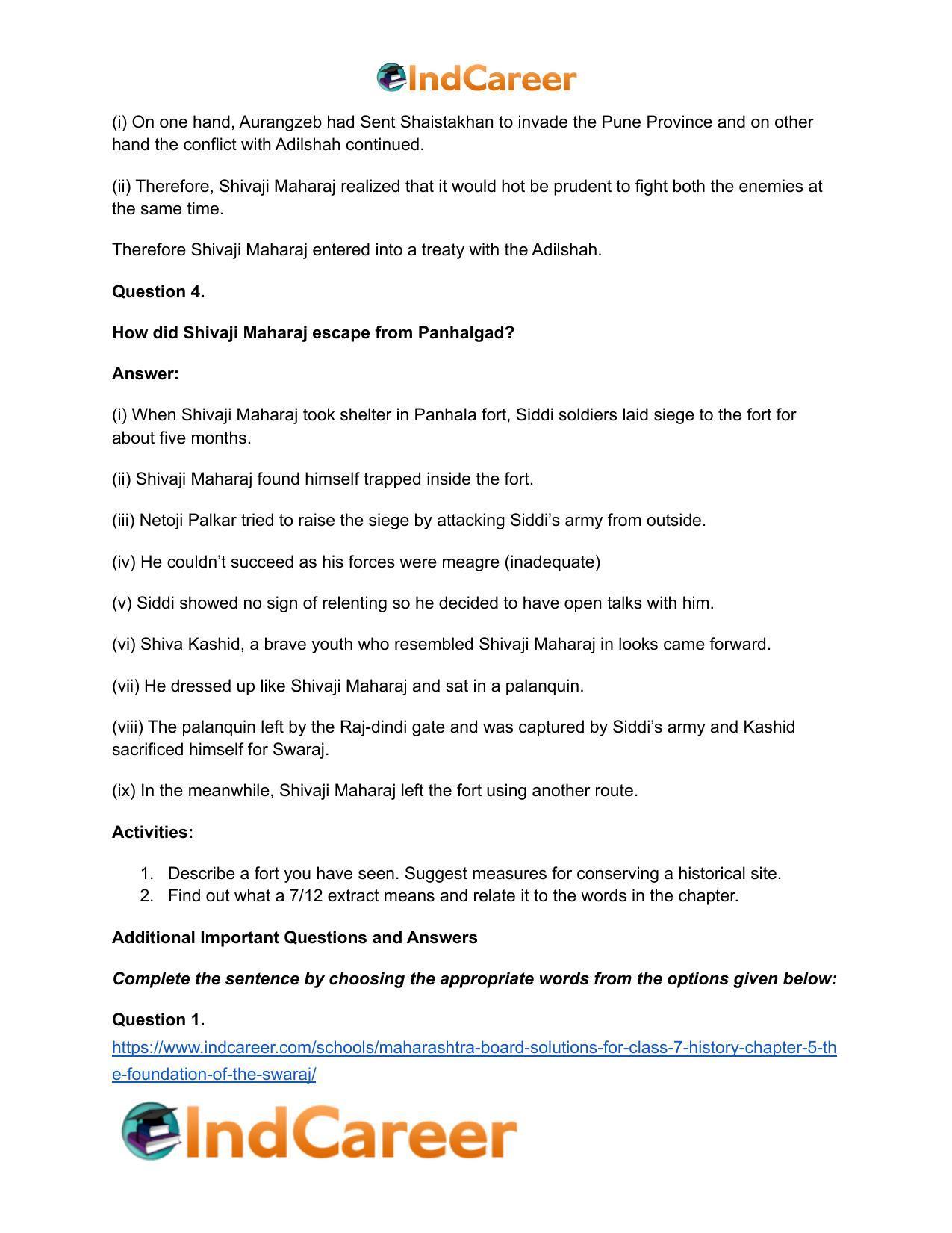 Maharashtra Board Solutions for Class 7- History: Chapter 5- The Foundation of the Swaraj - Page 5