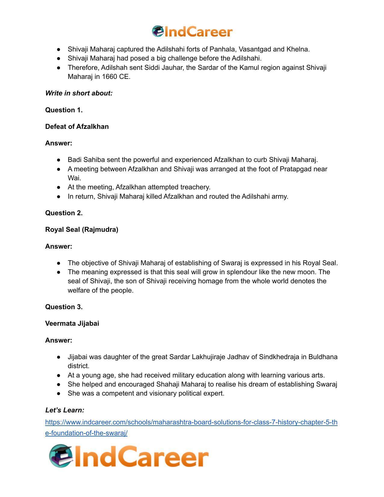 Maharashtra Board Solutions for Class 7- History: Chapter 5- The Foundation of the Swaraj - Page 14