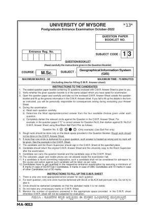 Mysore University PG Entrance Exam 2022: M.Sc. Geographical Information System Question Paper