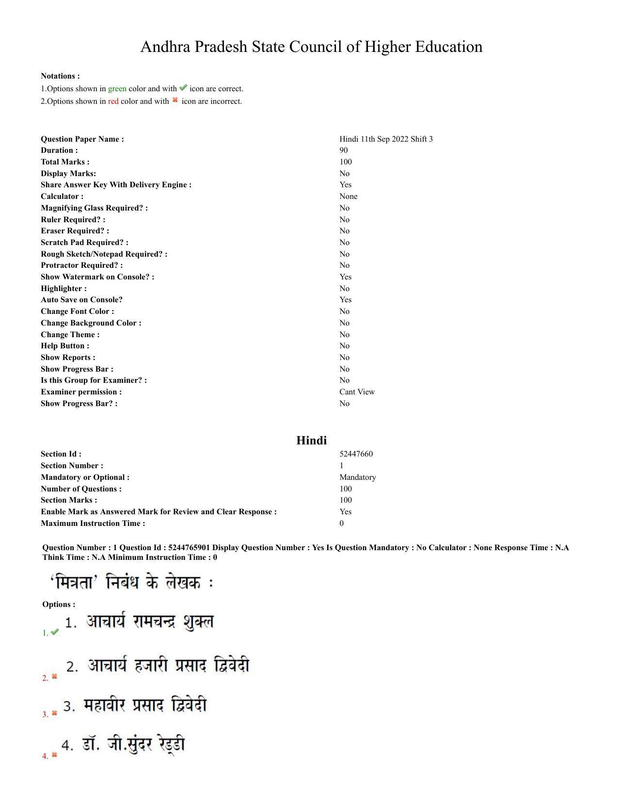 AP PGCET 2022 Hindi Paper with Answer Key - Page 1