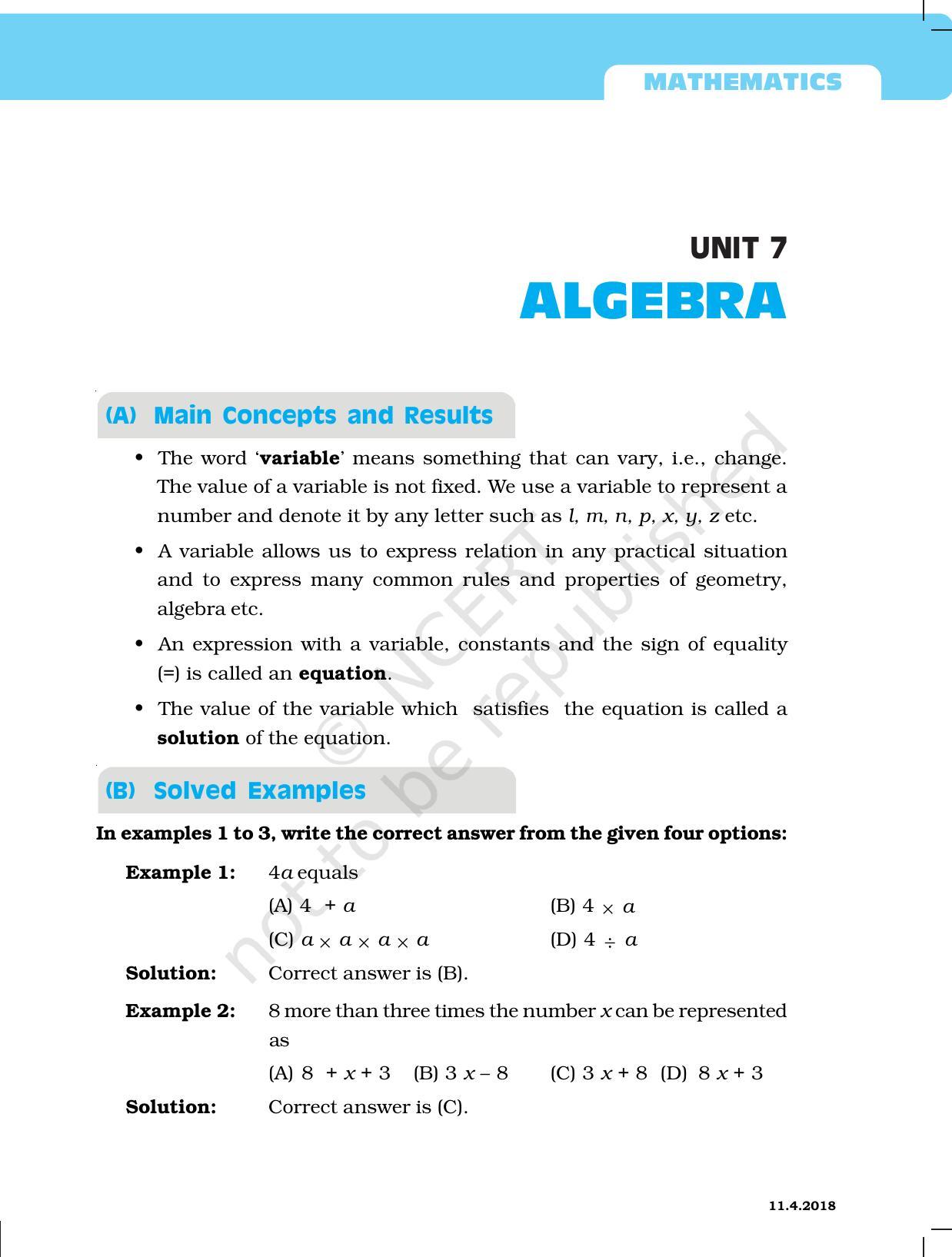 NCERT Exemplar Book for Class 6 Maths: Chapter 7-Algebra - Page 1