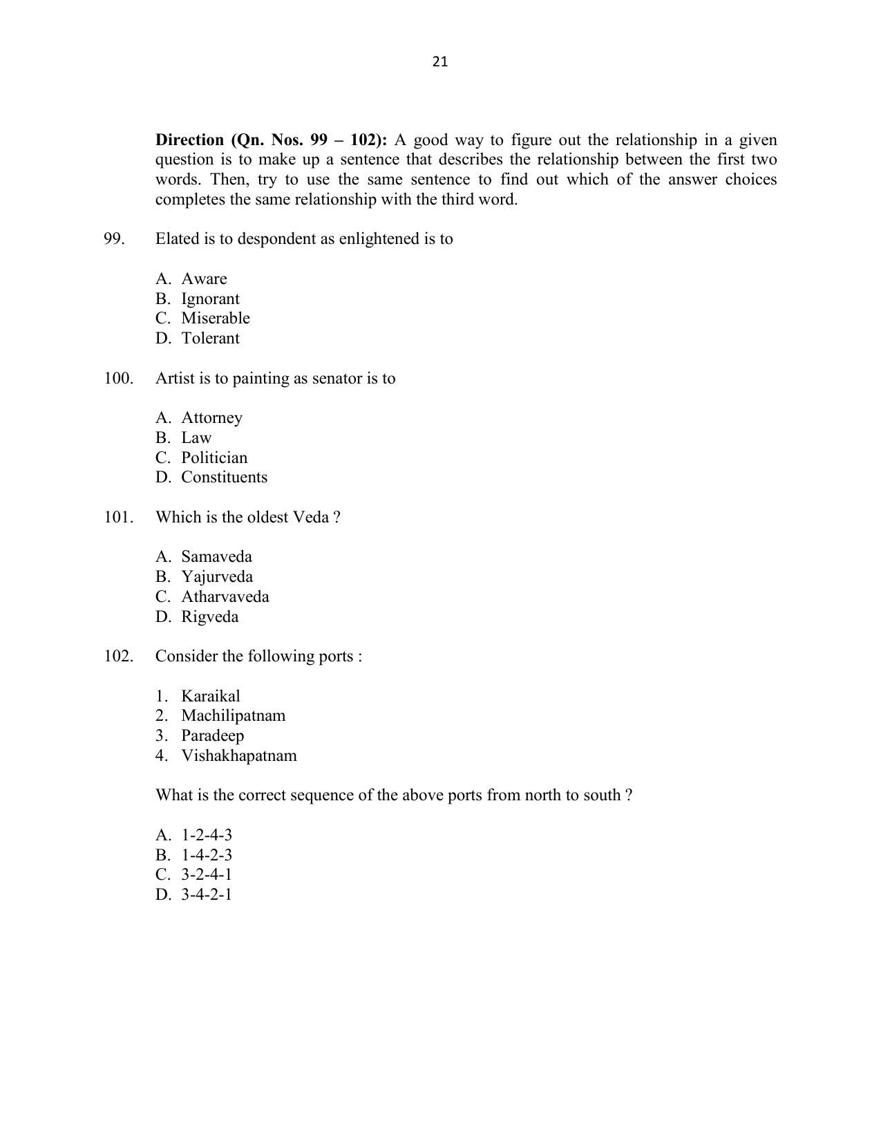 CUSAT CAT 2016 5 year LLB Question Paper - Page 21
