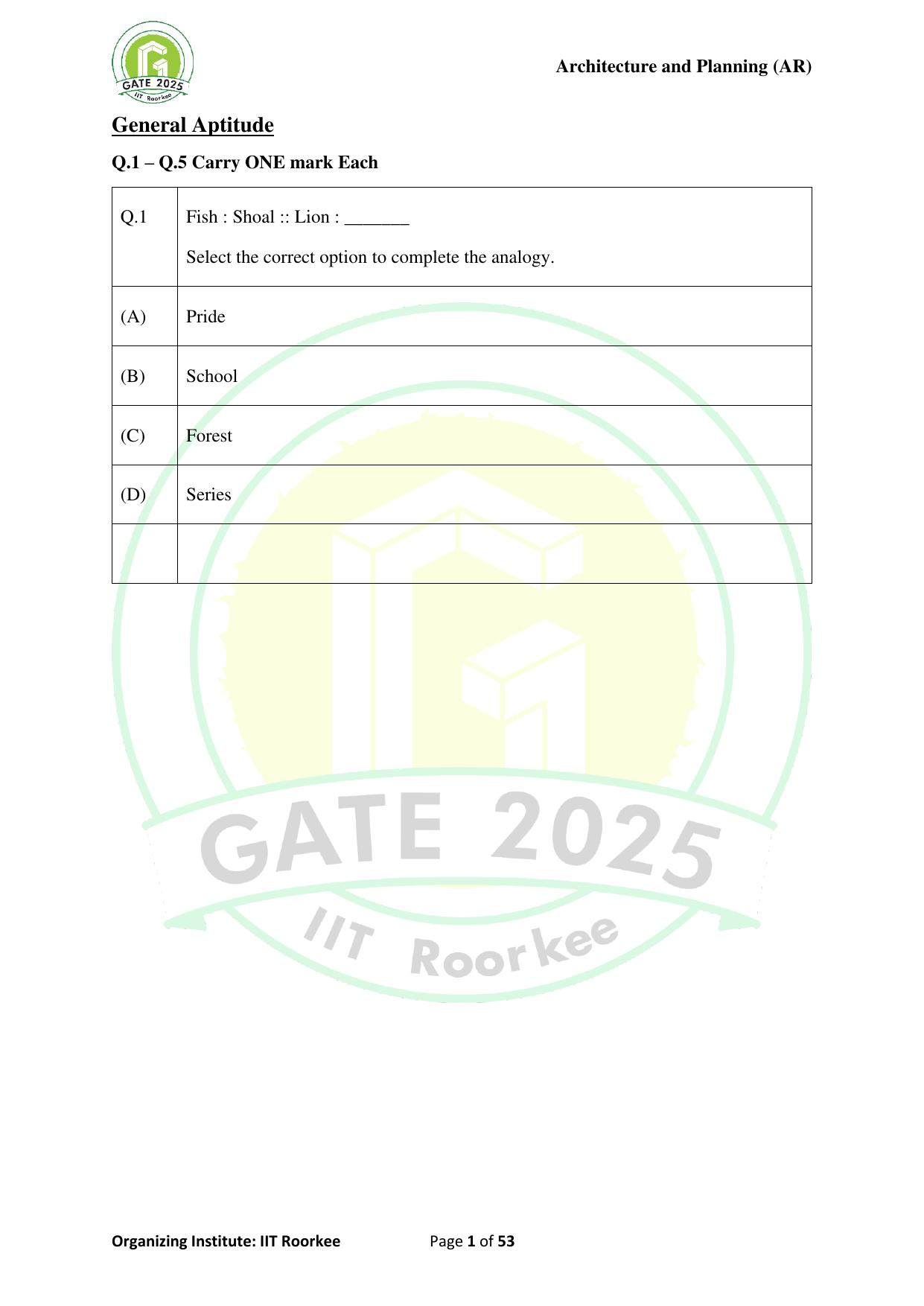 GATE 2025 Architecture and Planning (AR) Question Paper - Page 1