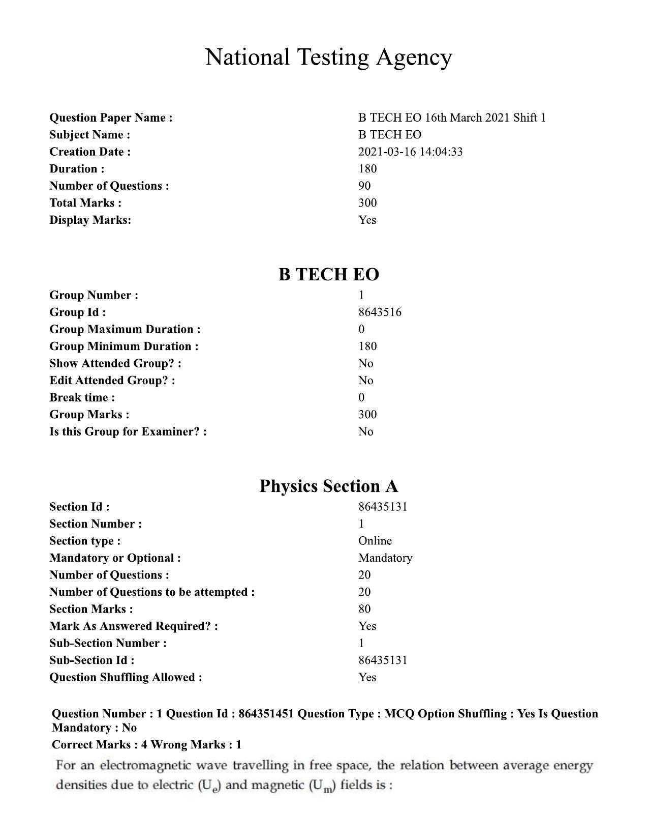JEE Mains 2021: BTech EO (Shift 1) 16-03-2021 Question Paper - Page 1