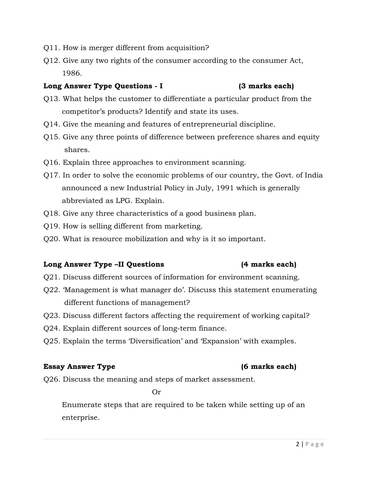 JKBOSE Class 12 Entrepreneurship Model Question Paper - Page 2