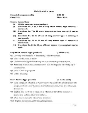 JKBOSE Class 12 Entrepreneurship Model Question Paper
