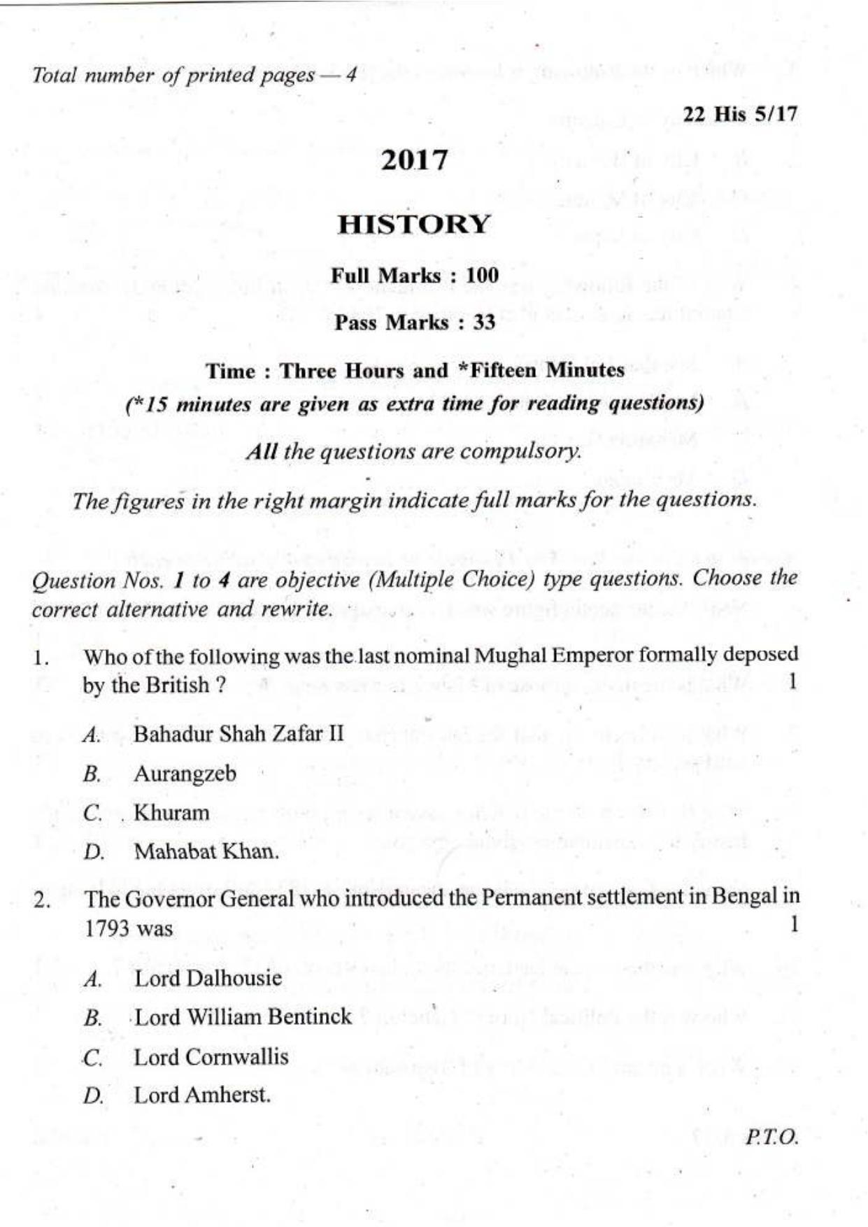 COHSEM Class 12 History 2017 Question Papers - Page 1