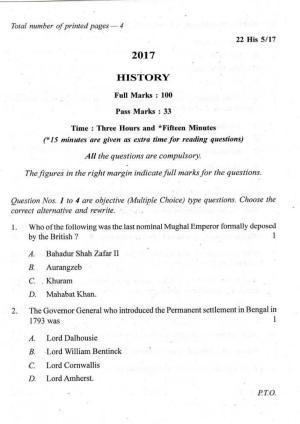 COHSEM Class 12 History 2017 Question Papers