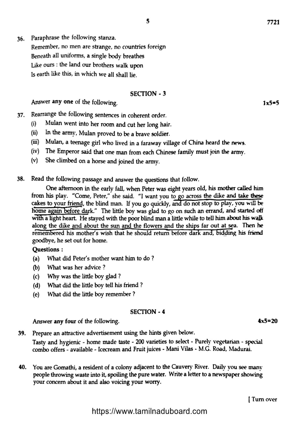 TN Class 10 English Part II Question Papers 2024 - Page 5
