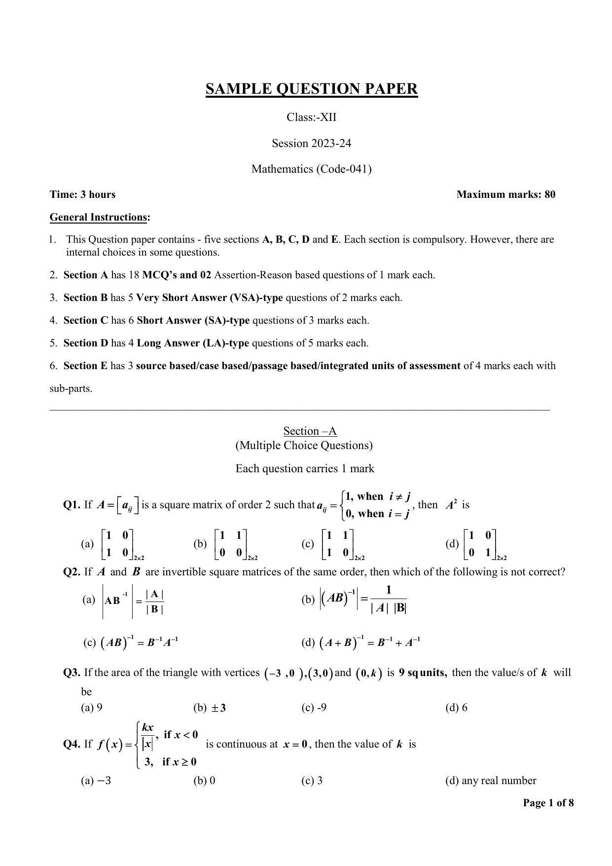 CBSE Class 12 Mathematics Sample Paper 2024 - Page 1